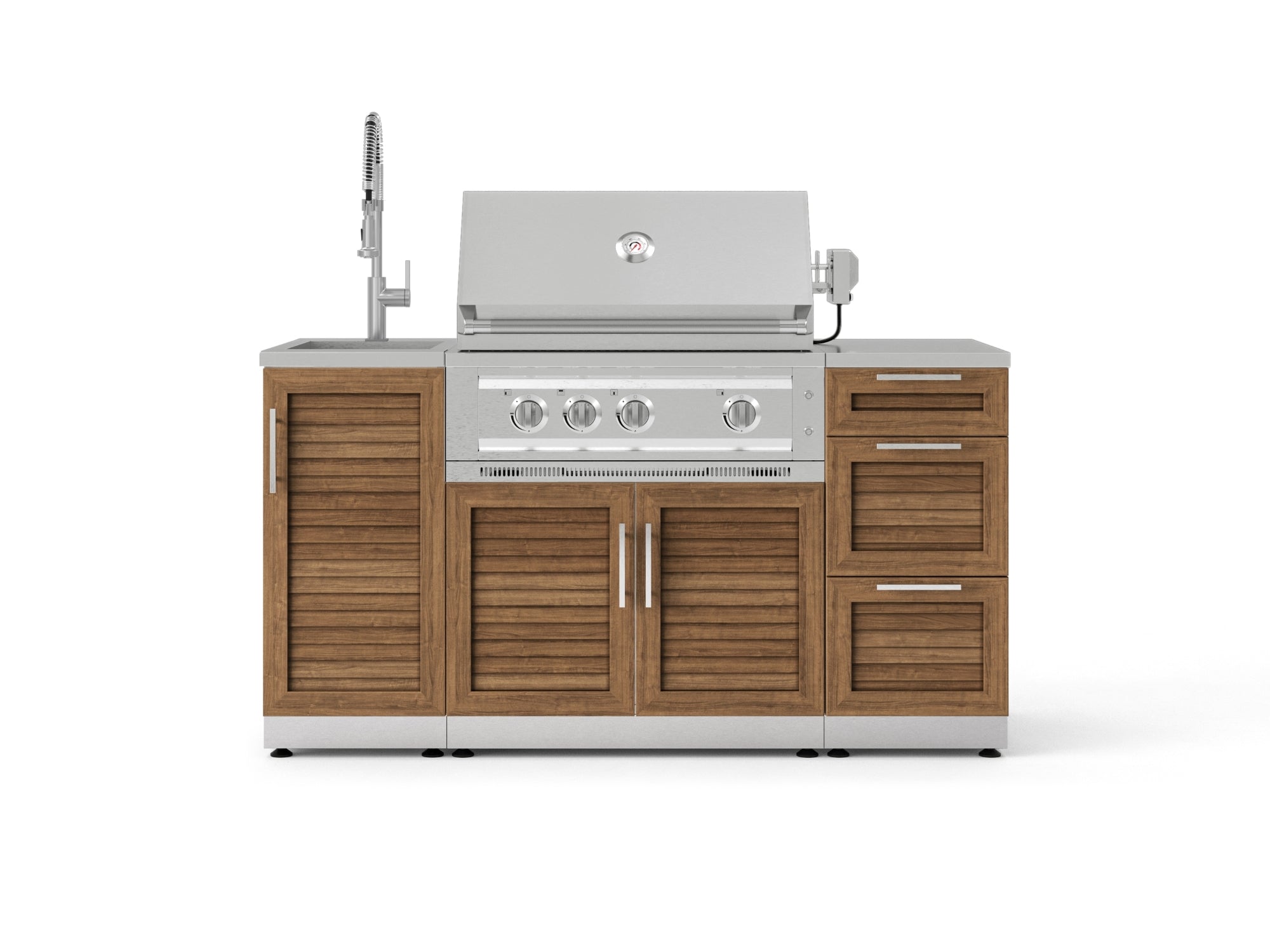 Outdoor Grill Island Stainless-Steel Louvered 5 Piece Cabinet Set with Sink, 3 Drawer, Grill Cabinet, Platinum Grill and Countertop