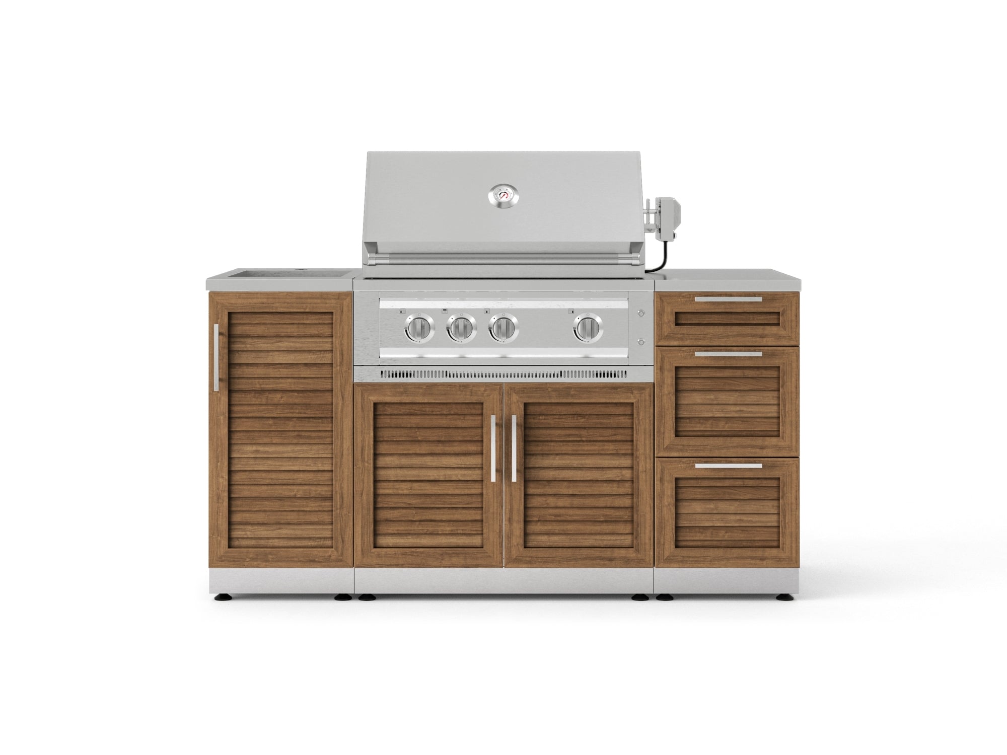 Outdoor Grill Island Stainless-Steel Louvered 5 Piece Cabinet Set with Sink, 3 Drawer, Grill Cabinet, Platinum Grill and Countertop