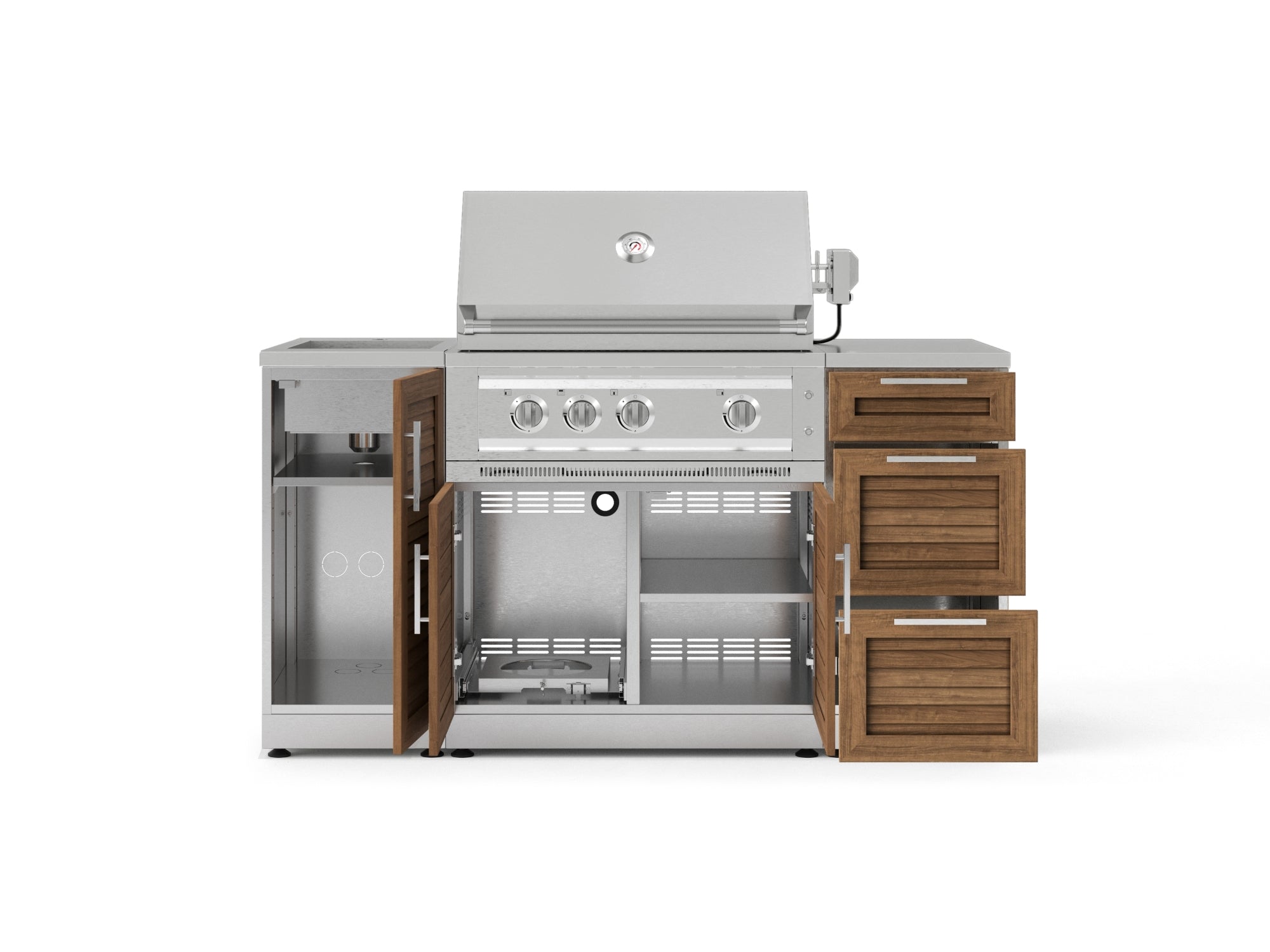 Outdoor Grill Island Stainless-Steel Louvered 5 Piece Cabinet Set with Sink, 3 Drawer, Grill Cabinet, Platinum Grill and Countertop