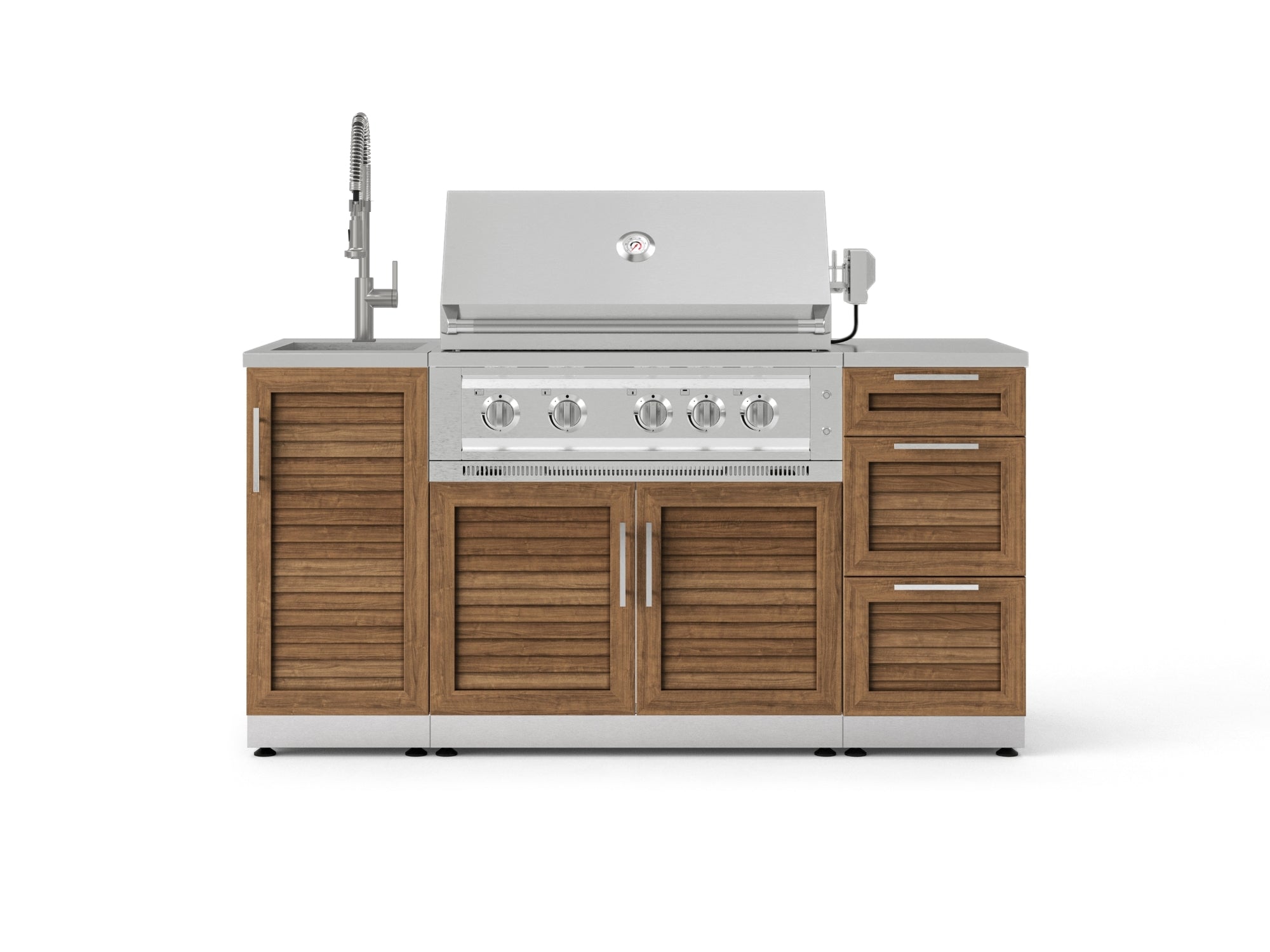 Outdoor Grill Island Stainless-Steel Louvered 5 Piece Cabinet Set with Sink, 3 Drawer, Grill Cabinet, Platinum Grill and Countertop