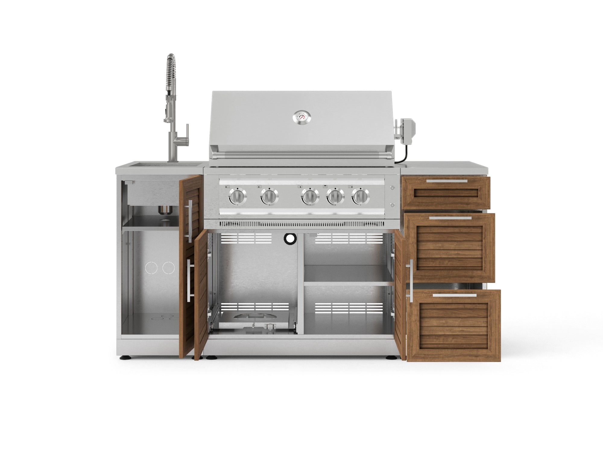 Outdoor Grill Island Stainless-Steel Louvered 5 Piece Cabinet Set with Sink, 3 Drawer, Grill Cabinet, Platinum Grill and Countertop
