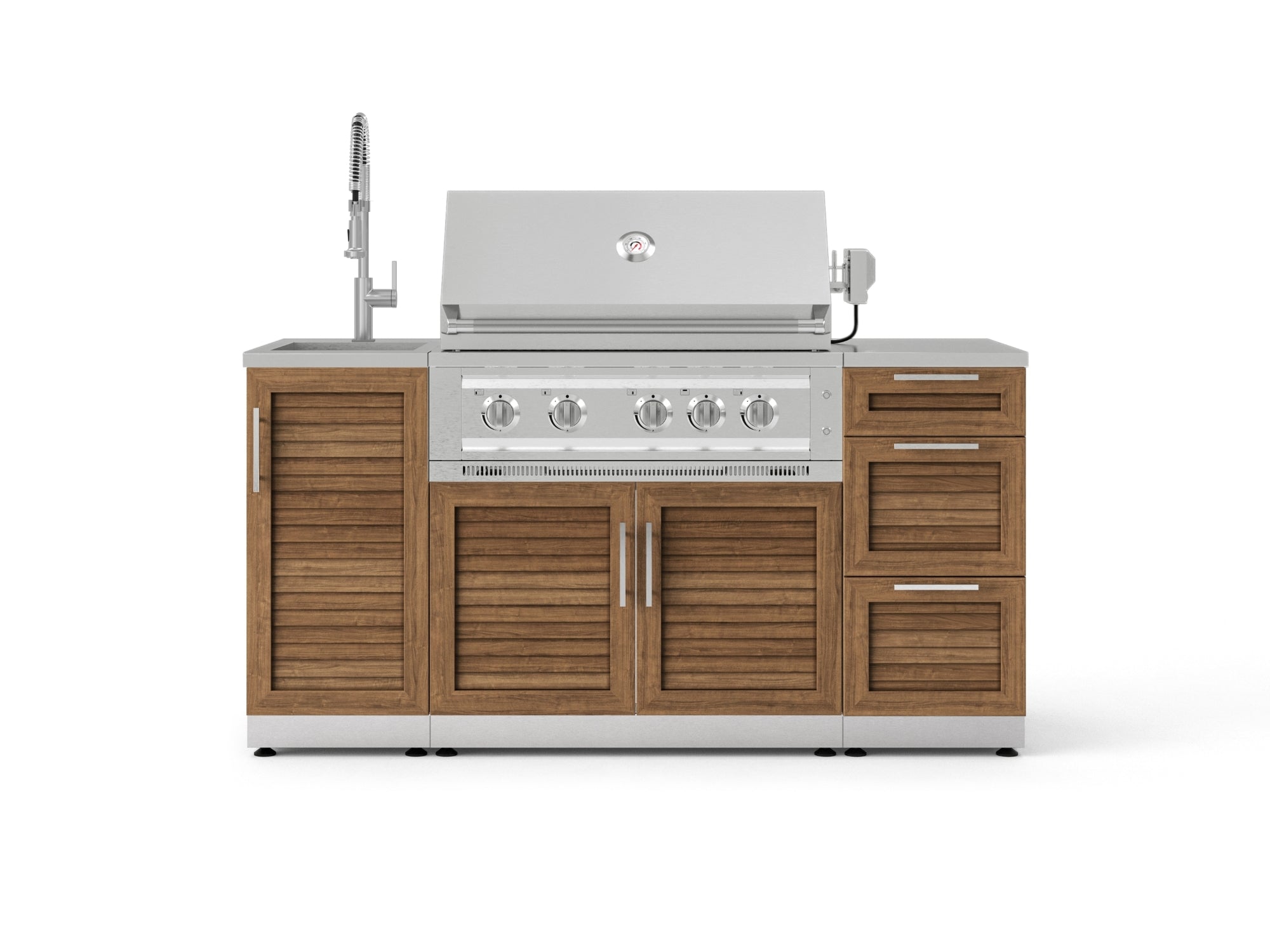 Outdoor Grill Island Stainless-Steel Louvered 5 Piece Cabinet Set with Sink, 3 Drawer, Grill Cabinet, Platinum Grill and Countertop