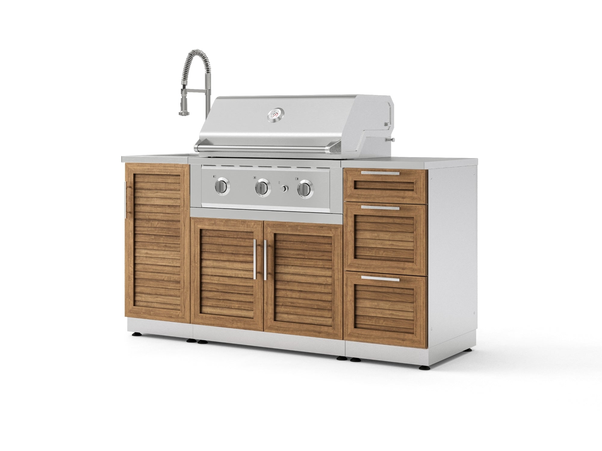 Outdoor Grill Island Stainless-Steel Louvered Doors 5 Piece Cabinet Set with Sink, 3 Drawer, Grill Cabinet, Performance Grill and Countertop