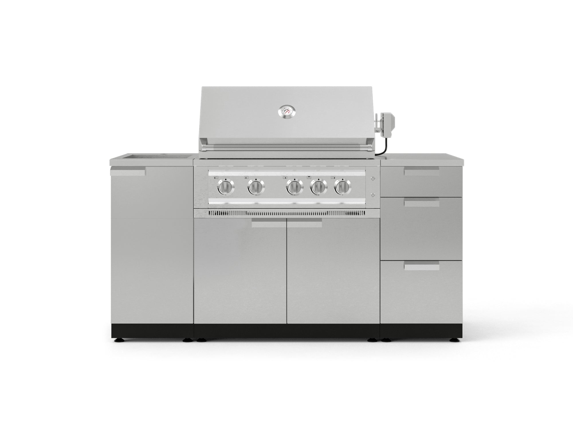 Outdoor Grill Island Stainless-Steel 5 Piece Cabinet Set with Sink, 3 Drawer, Grill Cabinet, Platinum Grill and Countertop