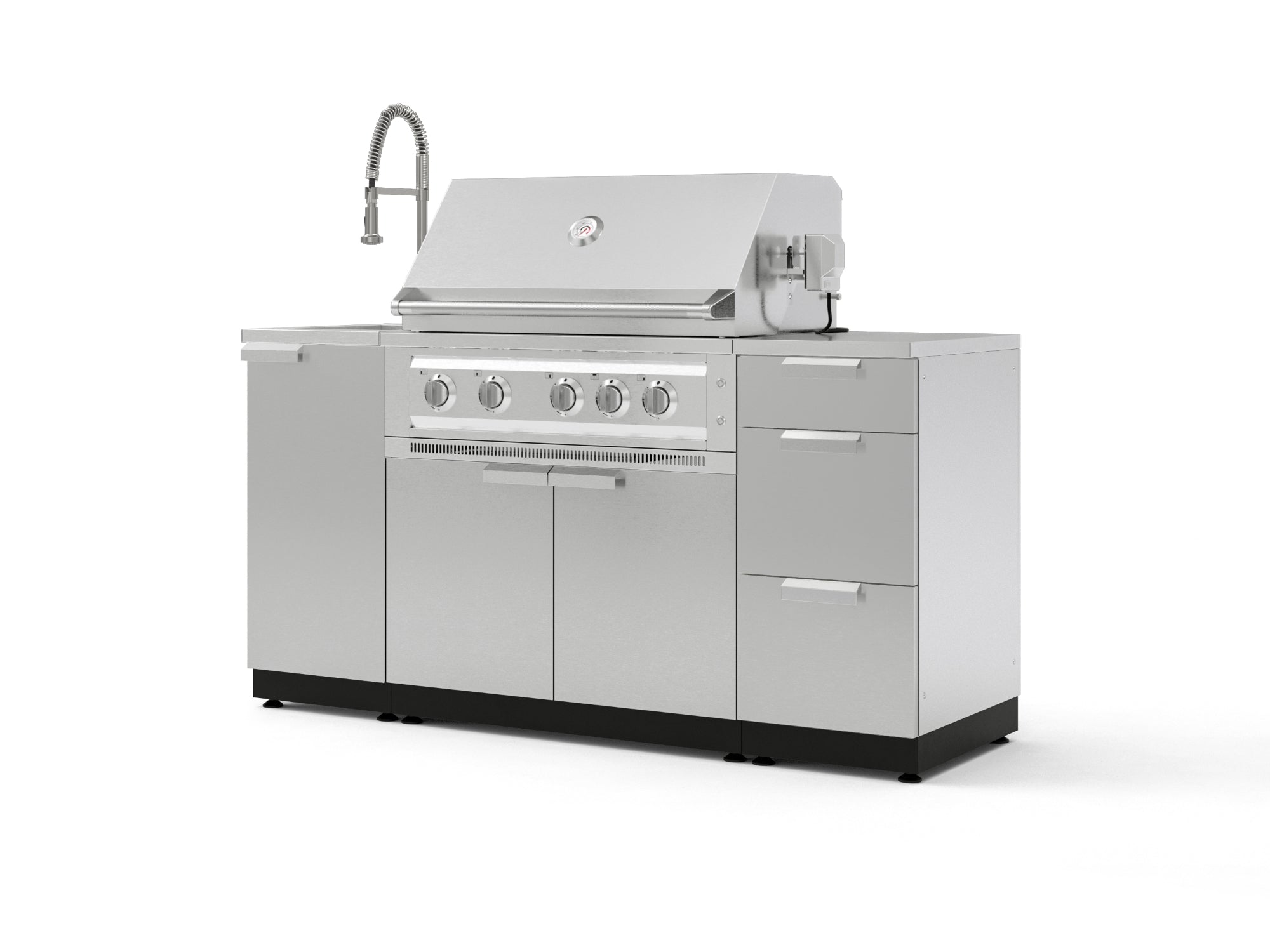 Outdoor Grill Island Stainless-Steel 5 Piece Cabinet Set with Sink, 3 Drawer, Grill Cabinet, Platinum Grill and Countertop