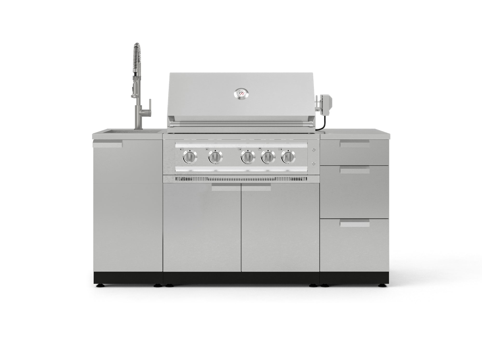 Outdoor Grill Island Stainless-Steel 5 Piece Cabinet Set with Sink, 3 Drawer, Grill Cabinet, Platinum Grill and Countertop