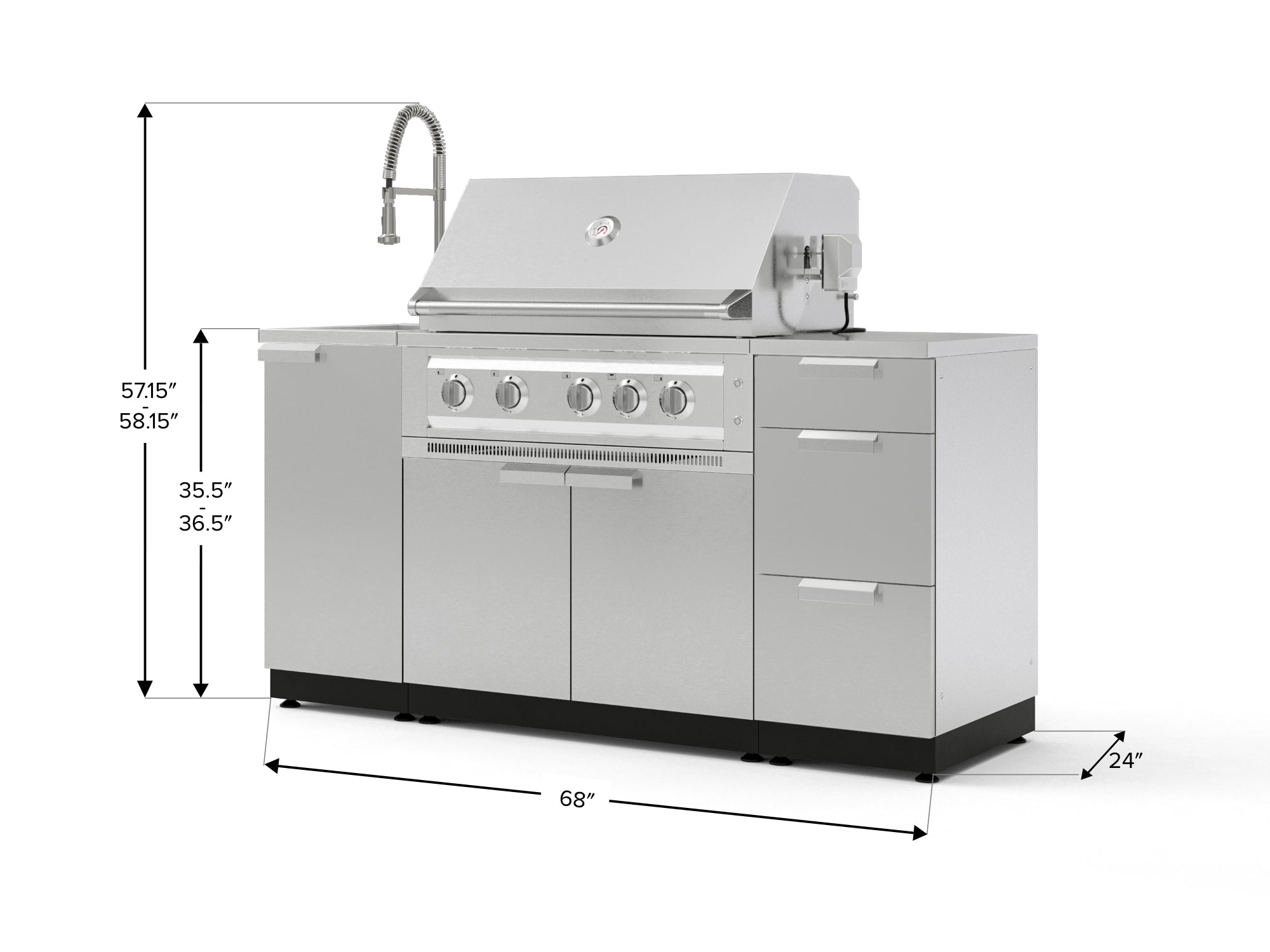 Outdoor Grill Island Stainless-Steel 5 Piece Cabinet Set with Sink, 3 Drawer, Grill Cabinet, Platinum Grill and Countertop