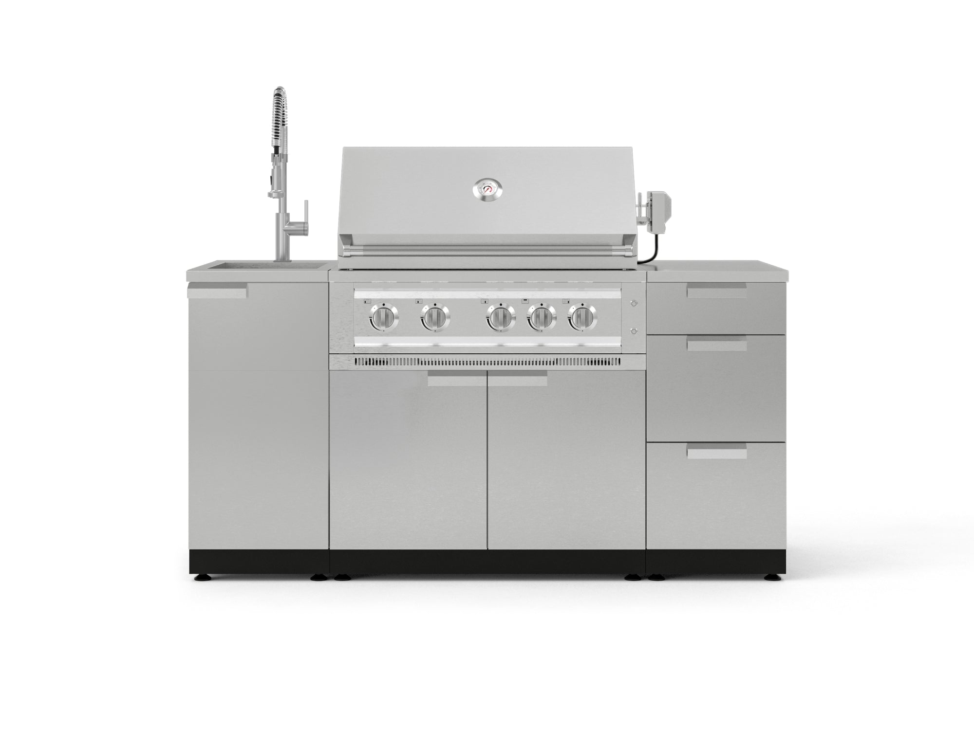 Outdoor Grill Island Stainless-Steel 5 Piece Cabinet Set with Sink, 3 Drawer, Grill Cabinet, Platinum Grill and Countertop
