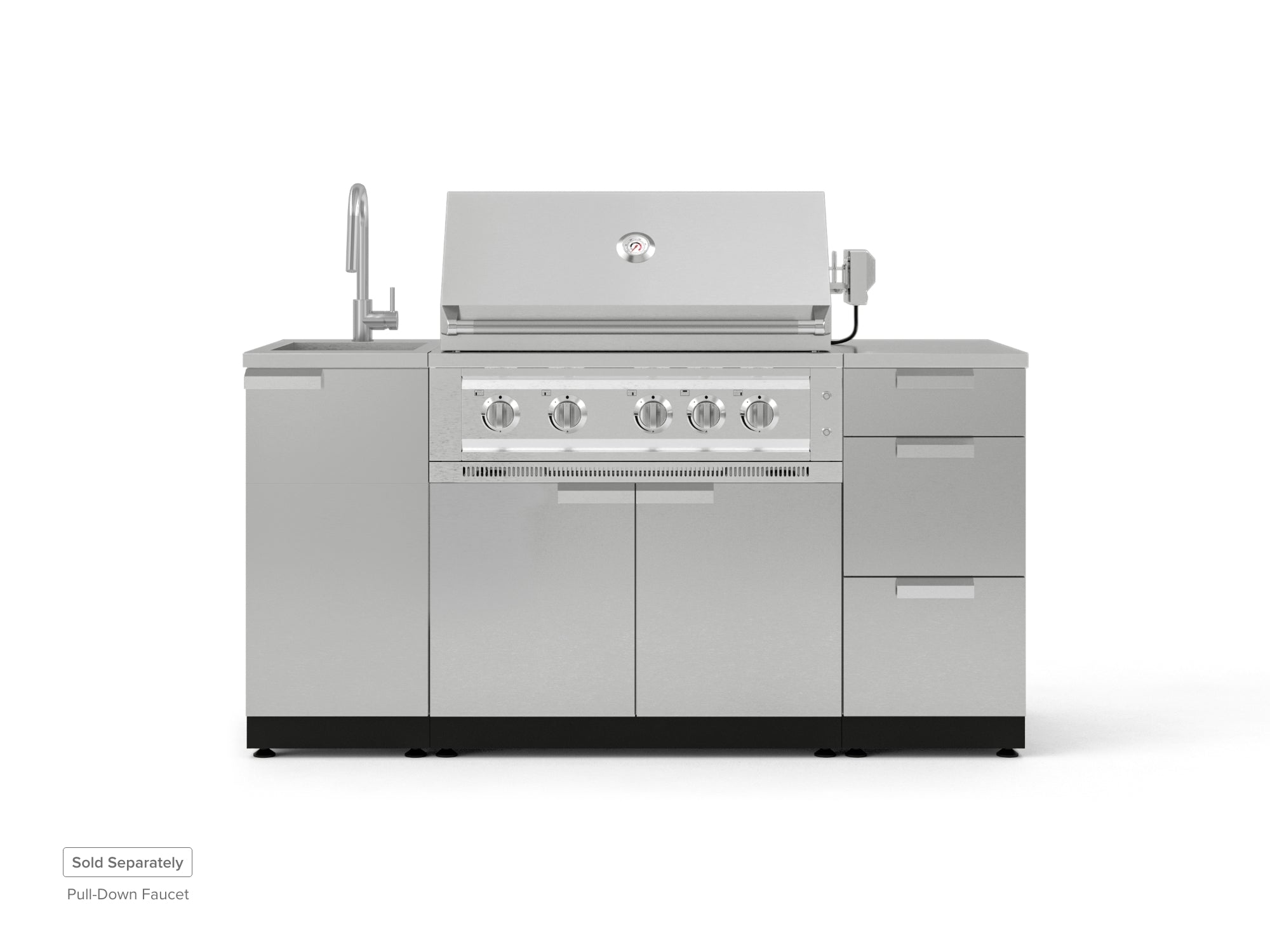 Outdoor Grill Island Stainless-Steel 5 Piece Cabinet Set with Sink, 3 Drawer, Grill Cabinet, Platinum Grill and Countertop