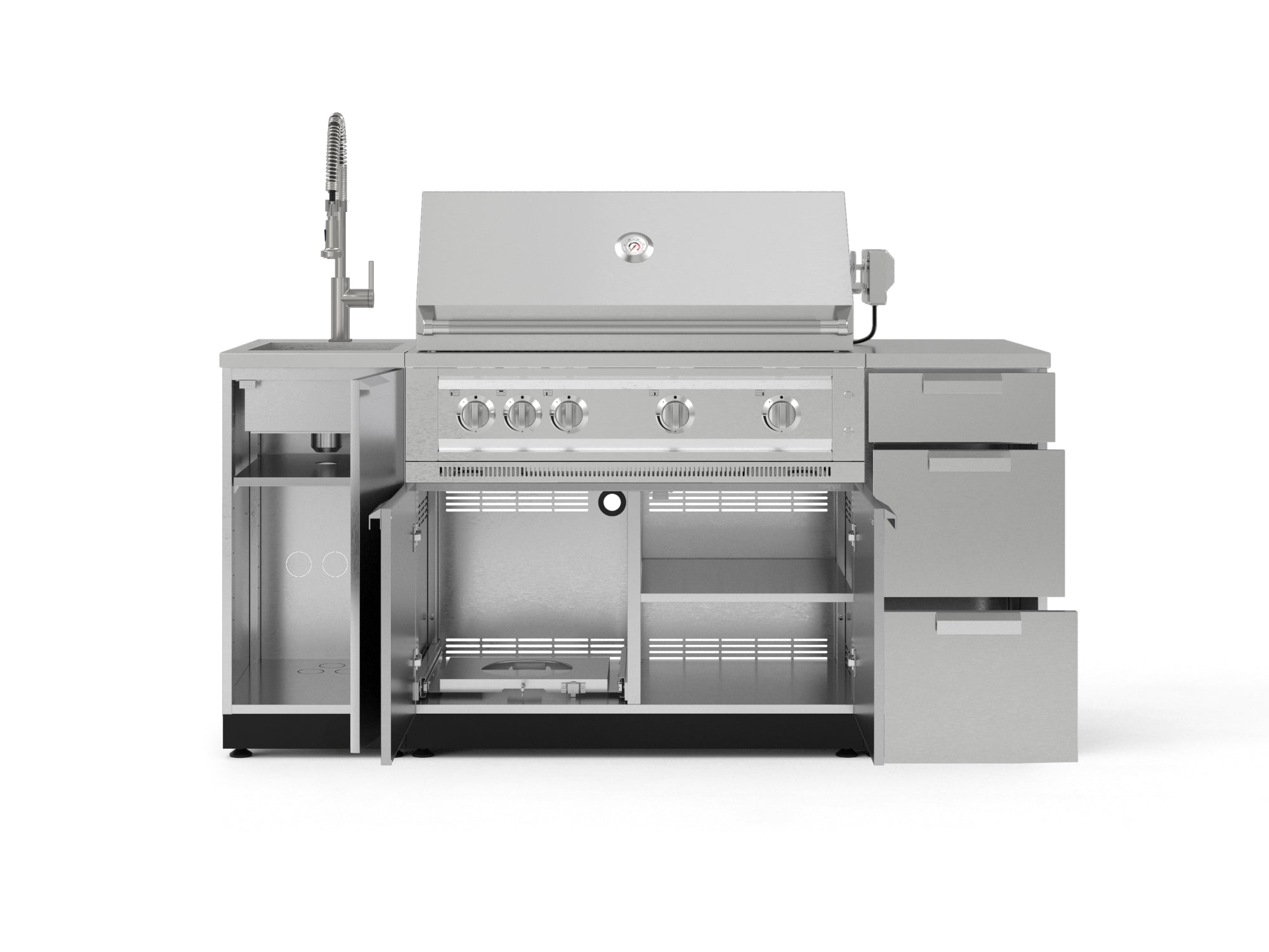 Outdoor Grill Island Stainless-Steel 5 Piece Cabinet Set with Sink, 3 Drawer, Grill Cabinet, Platinum Grill and Countertop