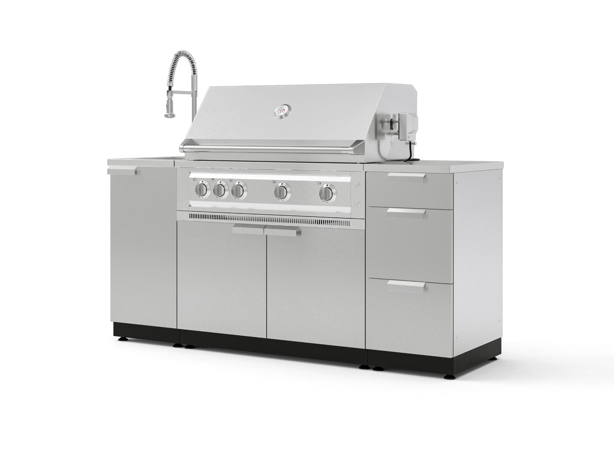 Outdoor Grill Island Stainless-Steel 5 Piece Cabinet Set with Sink, 3 Drawer, Grill Cabinet, Platinum Grill and Countertop