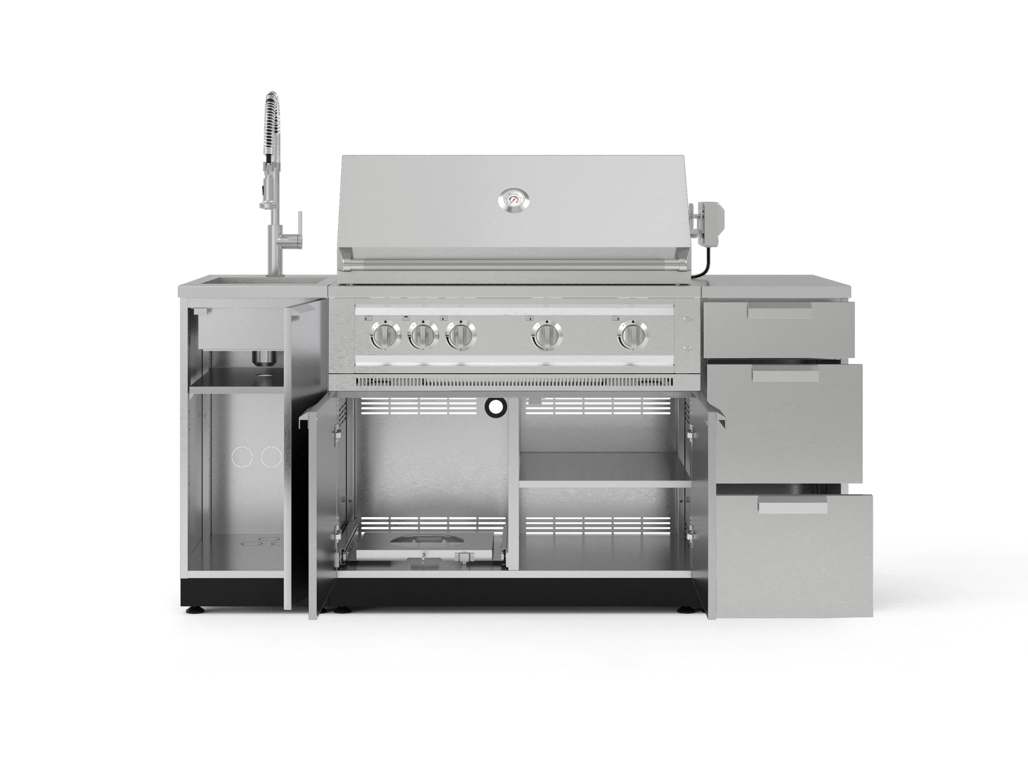 Outdoor Grill Island Stainless-Steel 5 Piece Cabinet Set with Sink, 3 Drawer, Grill Cabinet, Platinum Grill and Countertop