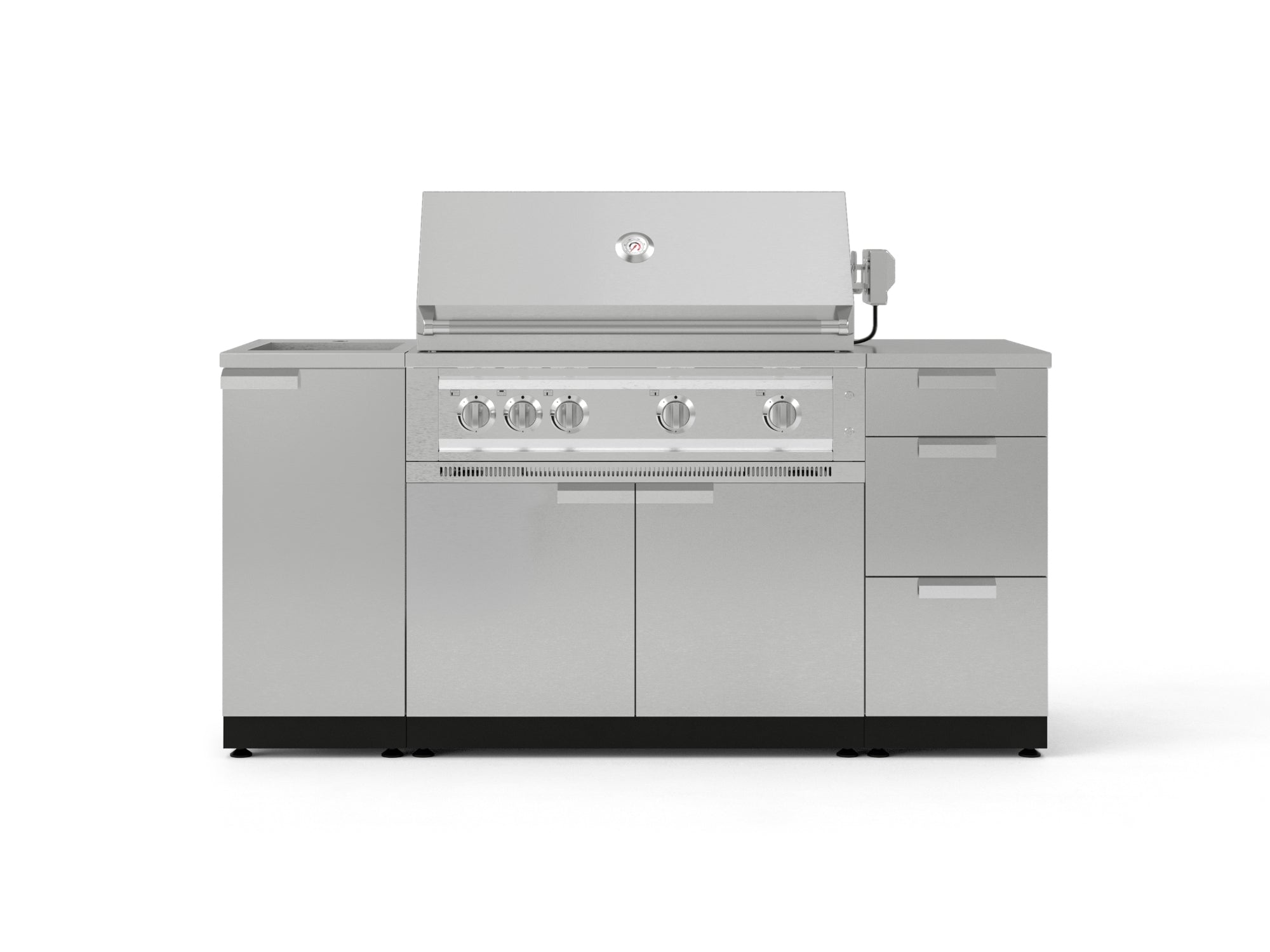 Outdoor Grill Island Stainless-Steel 5 Piece Cabinet Set with Sink, 3 Drawer, Grill Cabinet, Platinum Grill and Countertop