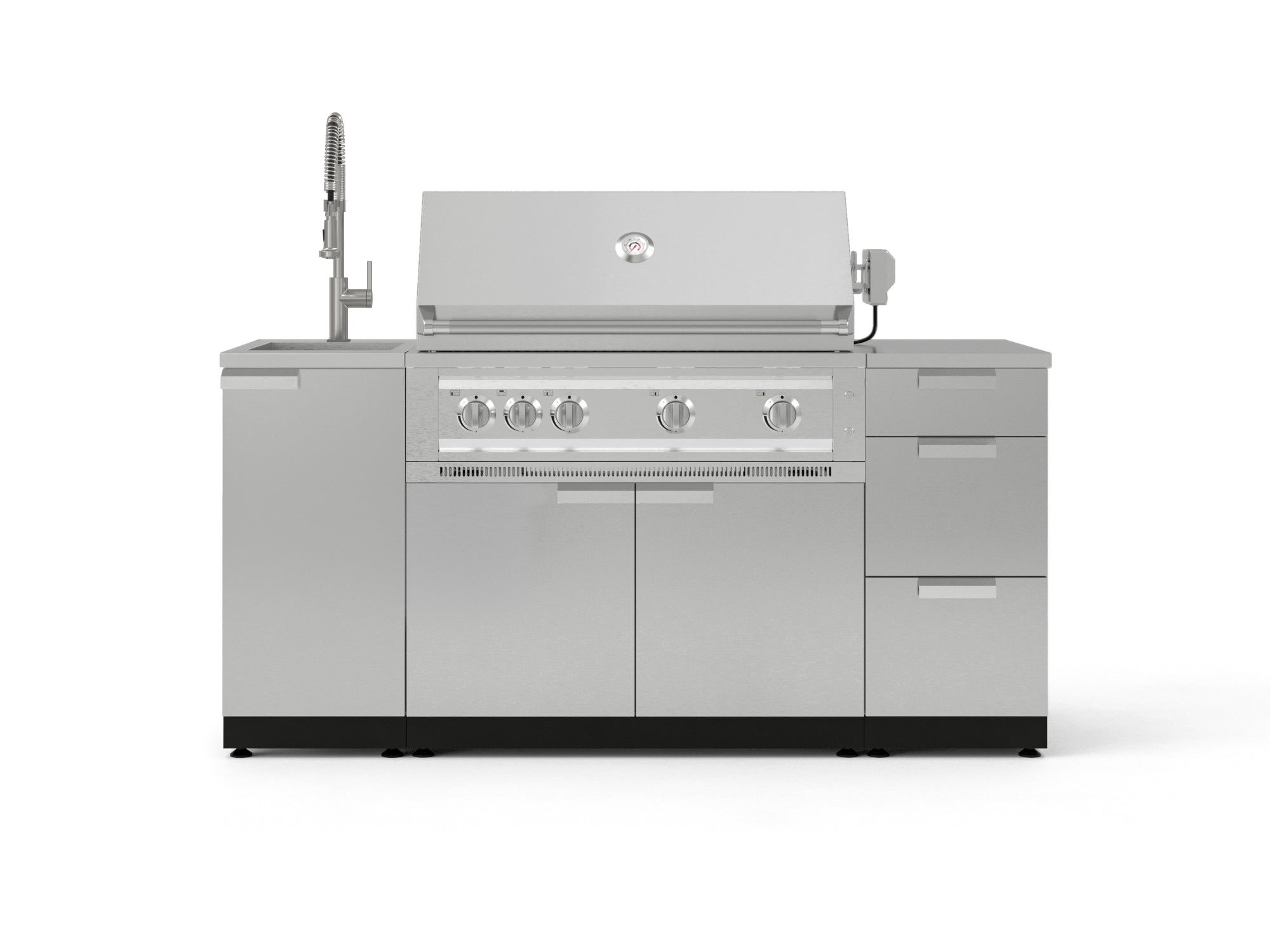 Outdoor Grill Island Stainless-Steel 5 Piece Cabinet Set with Sink, 3 Drawer, Grill Cabinet, Platinum Grill and Countertop