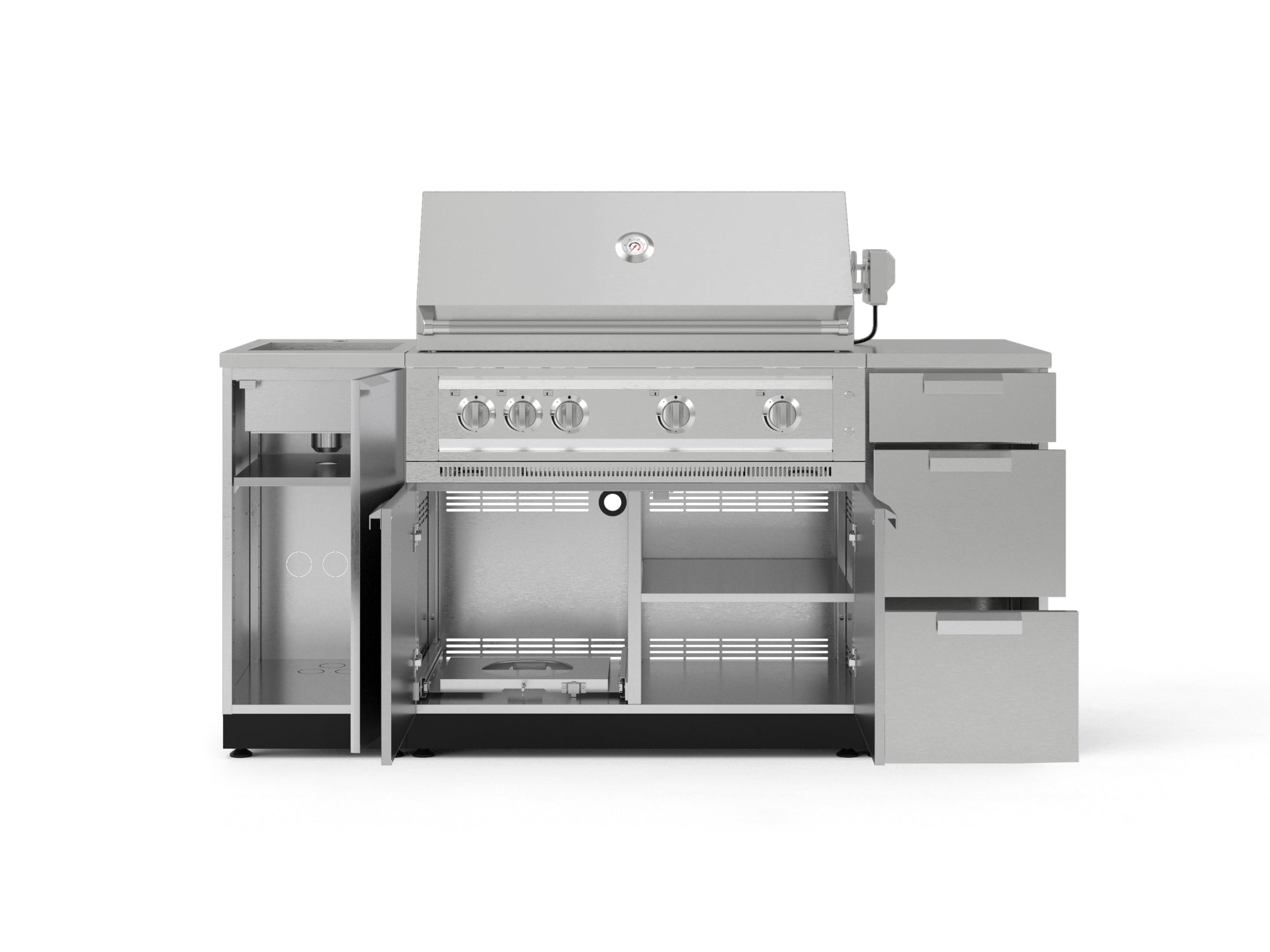 Outdoor Grill Island Stainless-Steel 5 Piece Cabinet Set with Sink, 3 Drawer, Grill Cabinet, Platinum Grill and Countertop