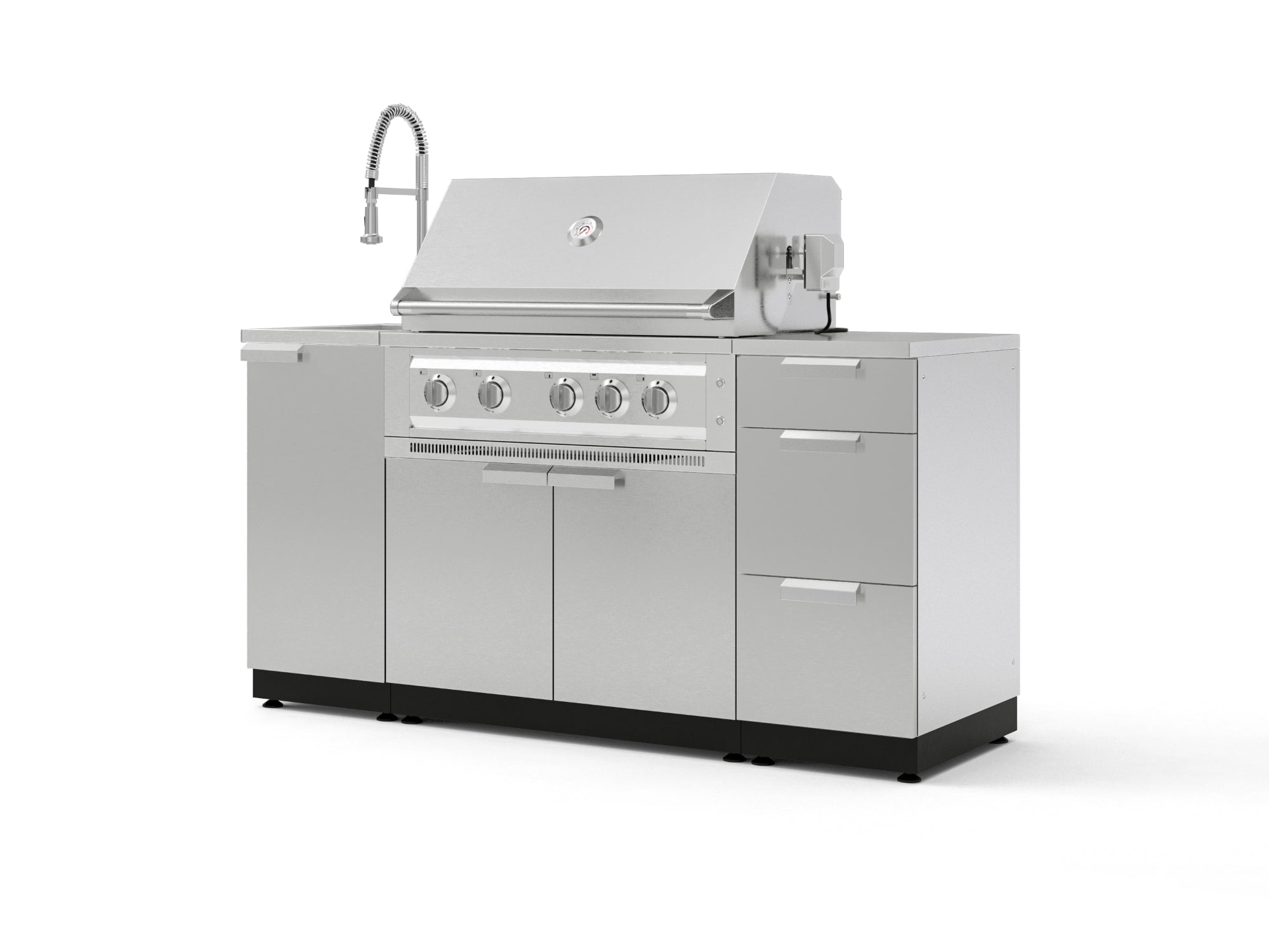 Outdoor Grill Island Stainless-Steel 5 Piece Cabinet Set with Sink, 3 Drawer, Grill Cabinet, Platinum Grill and Countertop
