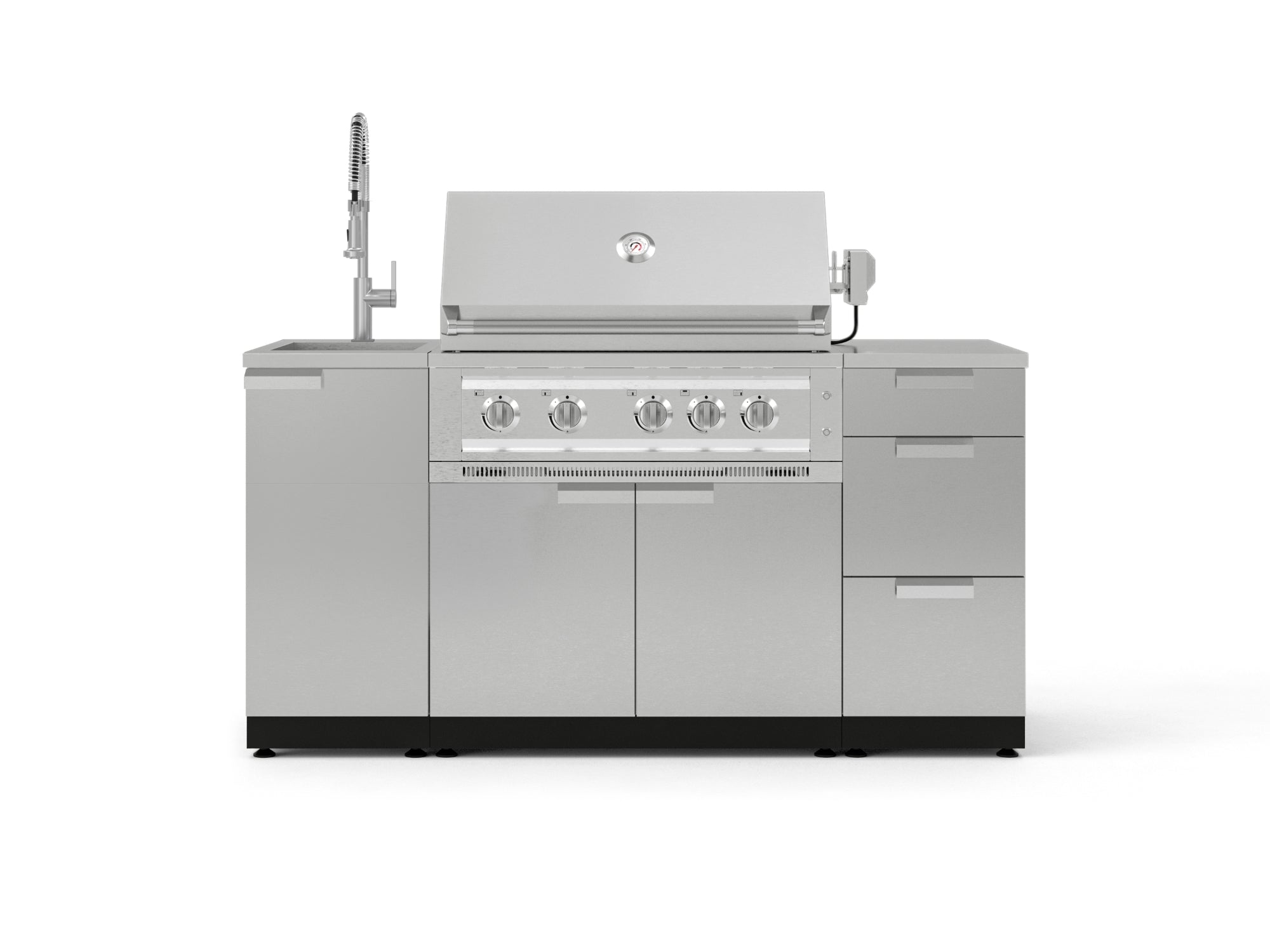 Outdoor Grill Island Stainless-Steel 5 Piece Cabinet Set with Sink, 3 Drawer, Grill Cabinet, Platinum Grill and Countertop