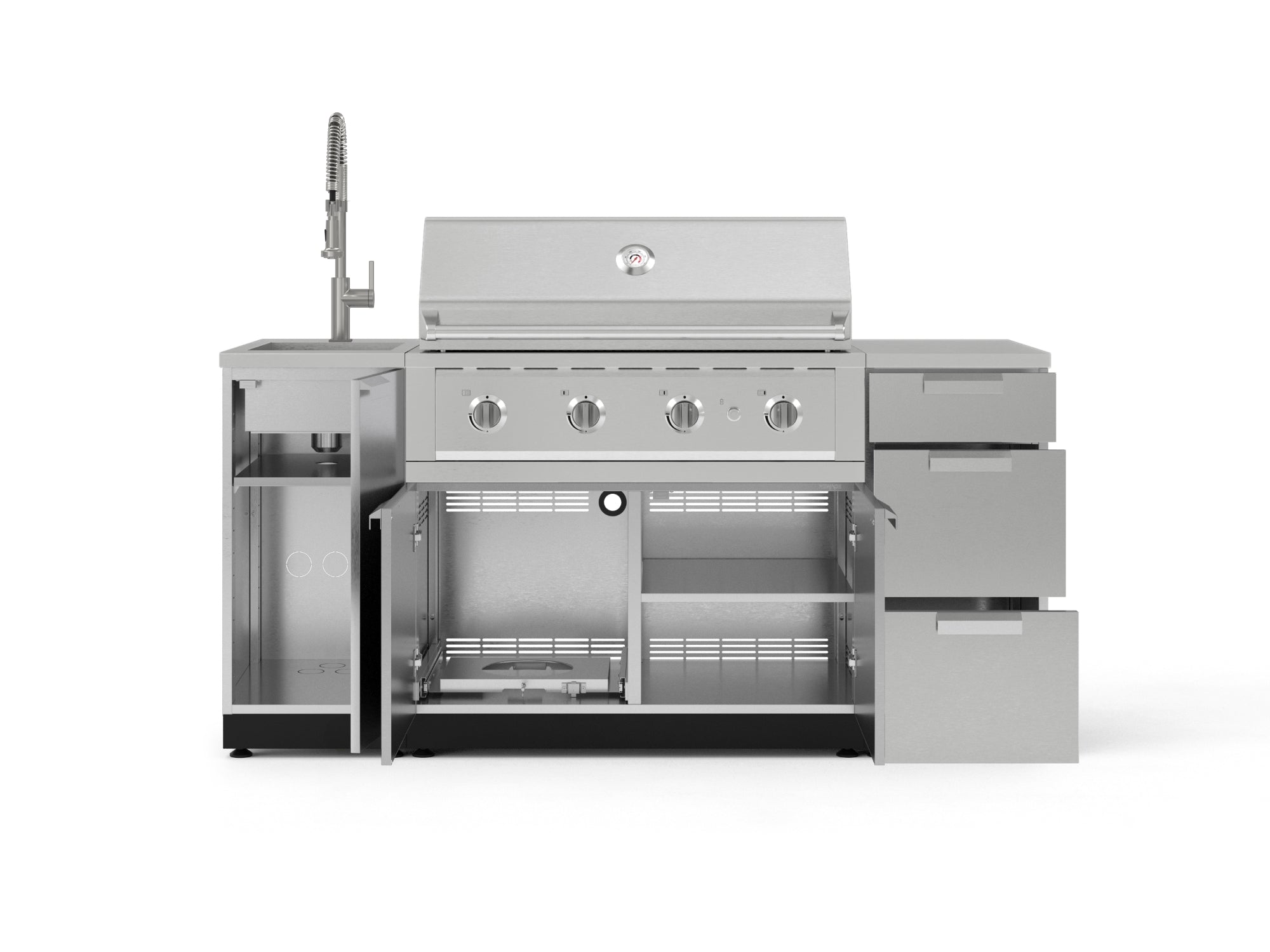 Outdoor Grill Island Stainless-Steel 5 Piece Cabinet Set with Sink, 3 Drawer, Grill Cabinet, Performance Grill and Countertop