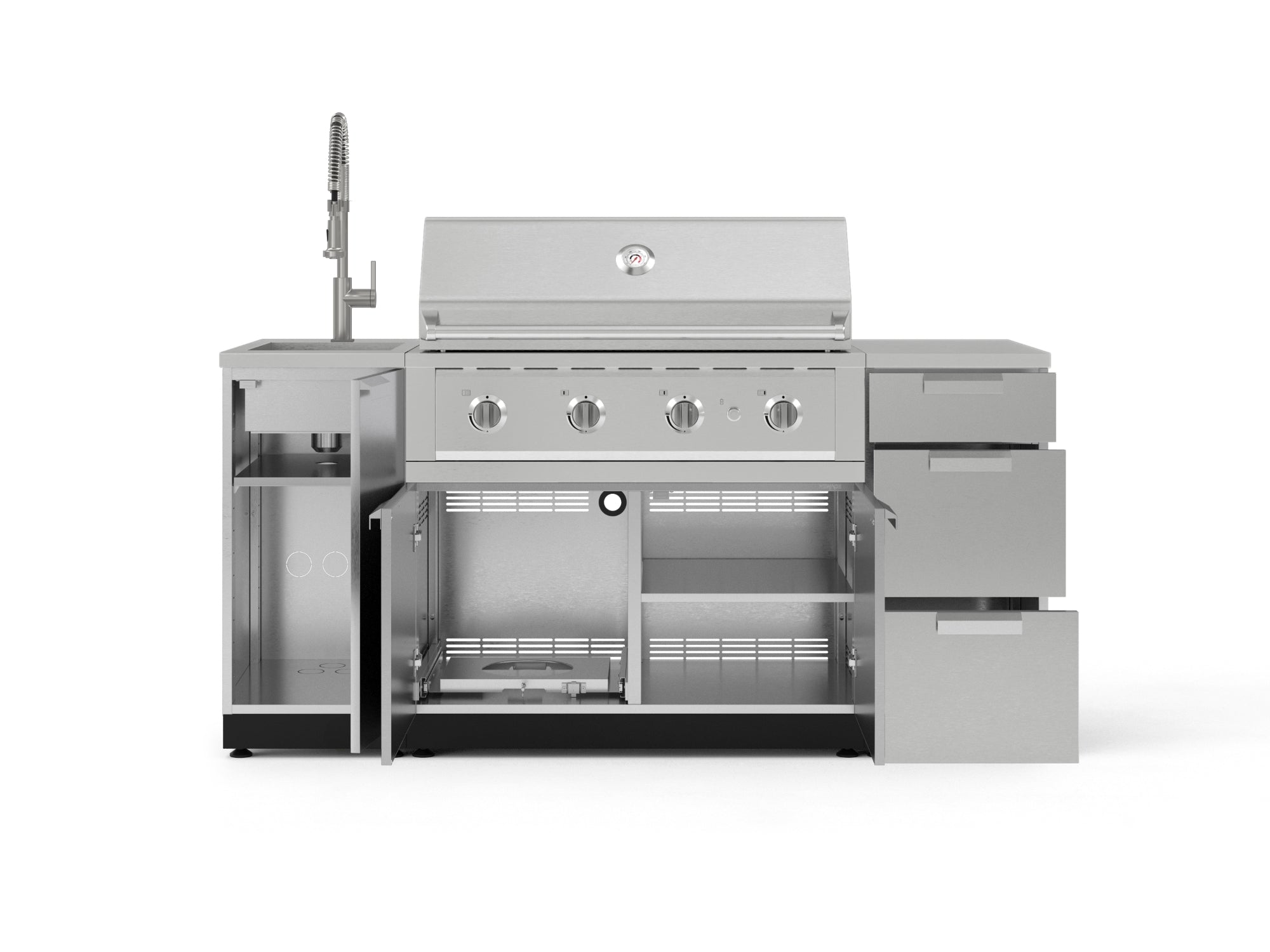 Outdoor Grill Island Stainless-Steel 5 Piece Cabinet Set with Sink, 3 Drawer, Grill Cabinet, Performance Grill and Countertop