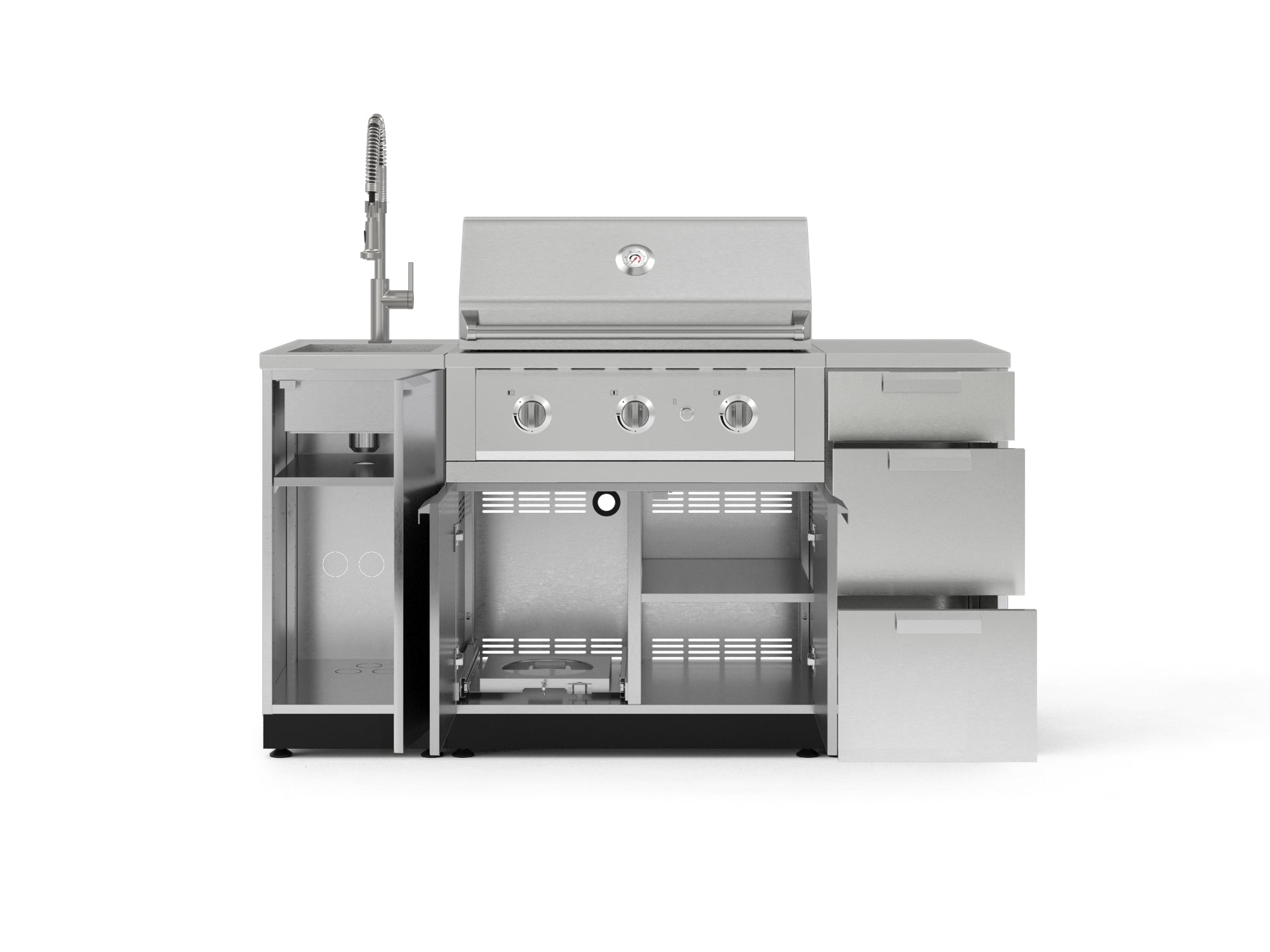 Outdoor Grill Island Stainless-Steel 5 Piece Cabinet Set with Sink, 3 Drawer, Grill Cabinet, Performance Grill and Countertop