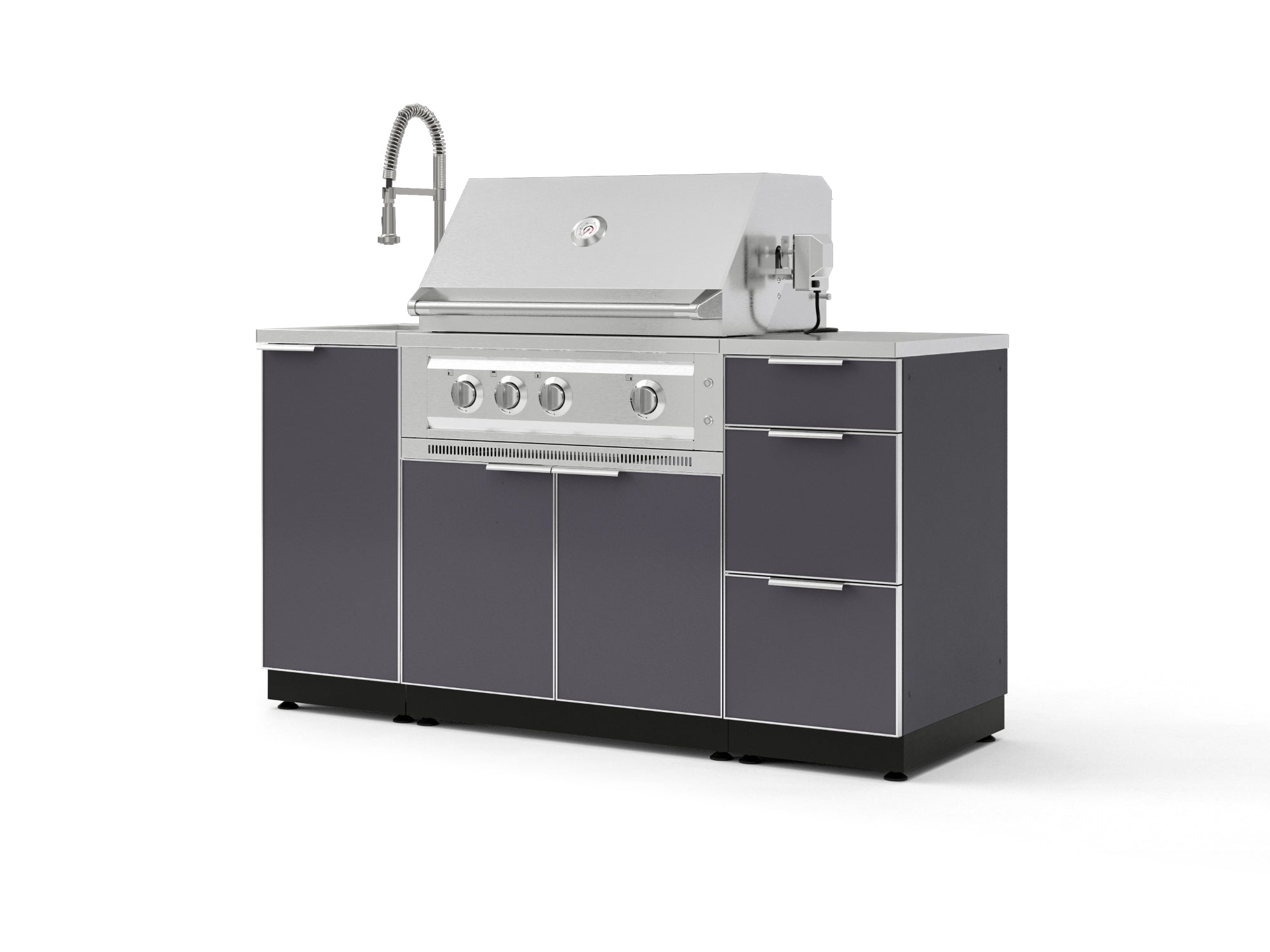 Outdoor Grill Island Aluminum 5 Piece Cabinet Set with Sink, 3 Drawer, Grill Cabinet, Platinum Grill and Countertop