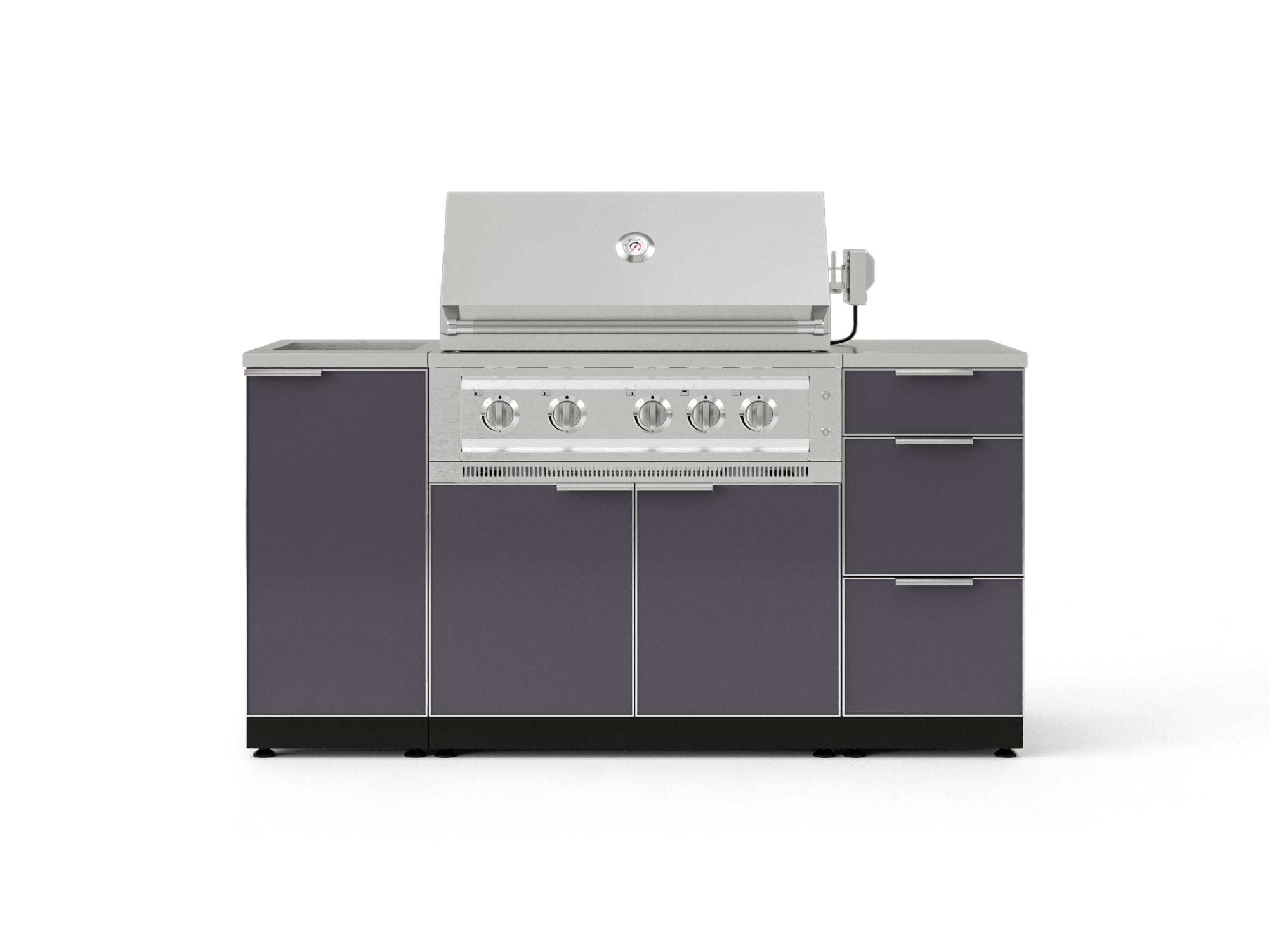 Outdoor Grill Island Aluminum 5 Piece Cabinet Set with Sink, 3 Drawer, Grill Cabinet, Platinum Grill and Countertop