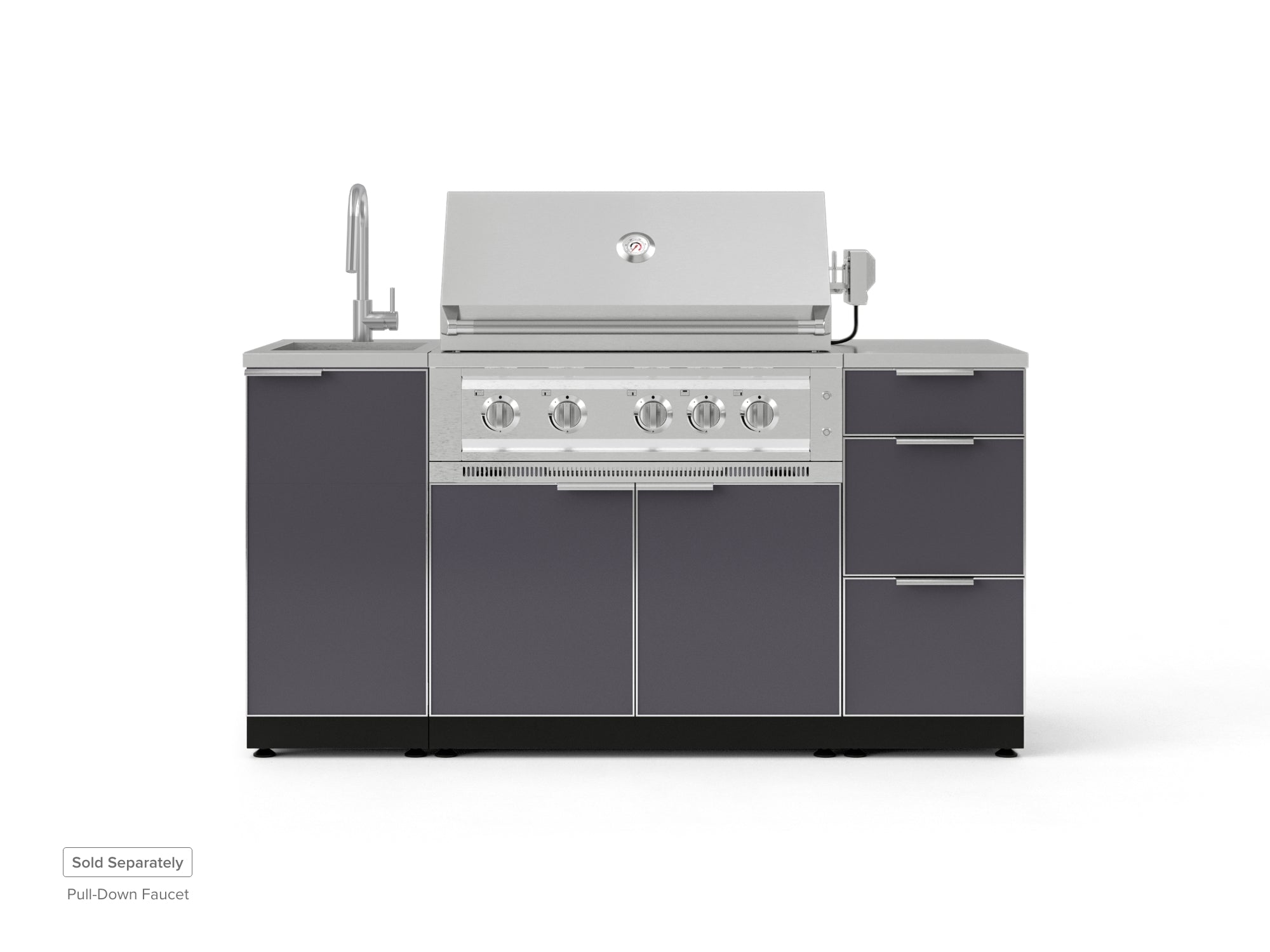 Outdoor Grill Island Aluminum 5 Piece Cabinet Set with Sink, 3 Drawer, Grill Cabinet, Platinum Grill and Countertop