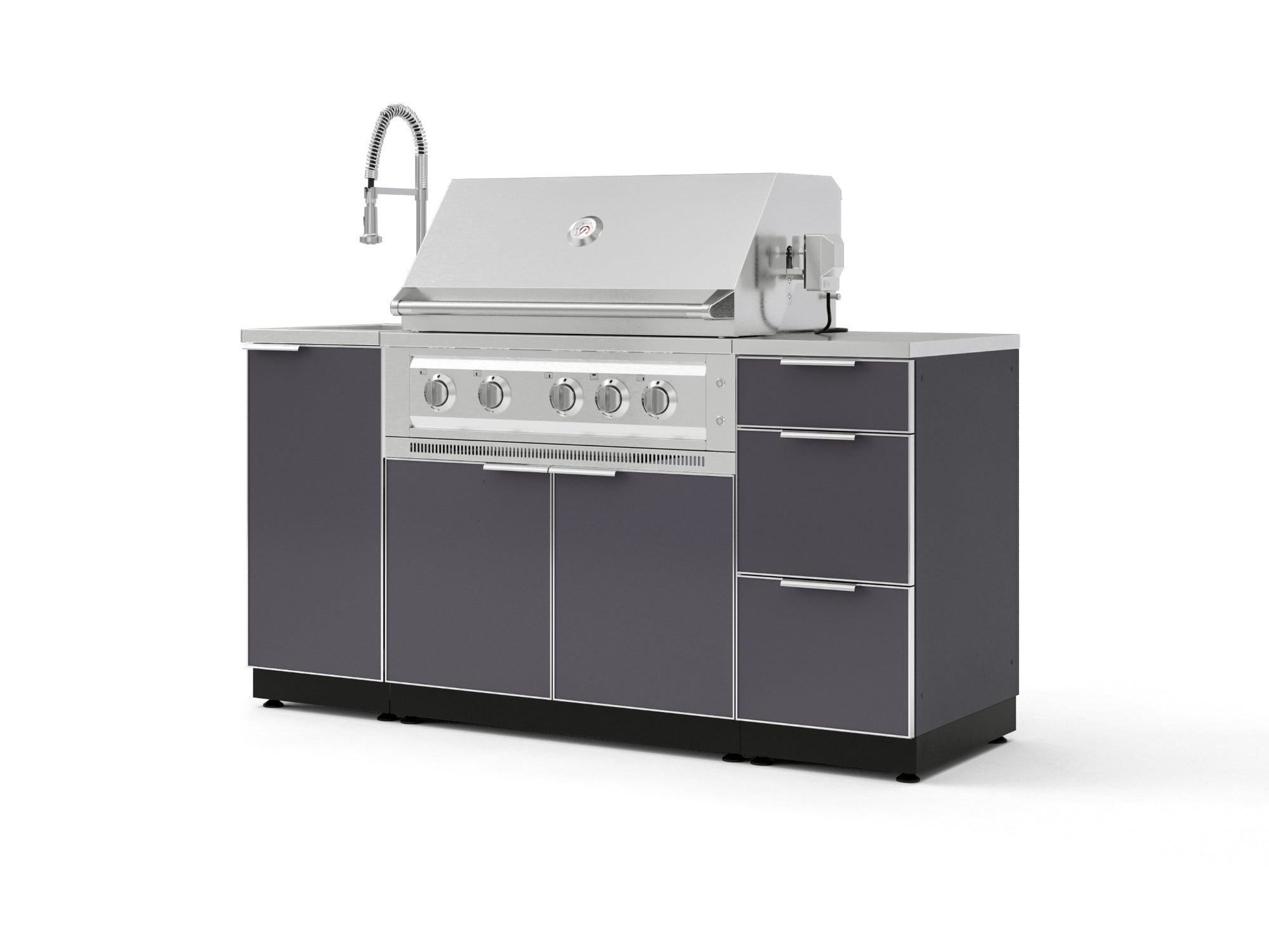 Outdoor Grill Island Aluminum 5 Piece Cabinet Set with Sink, 3 Drawer, Grill Cabinet, Platinum Grill and Countertop