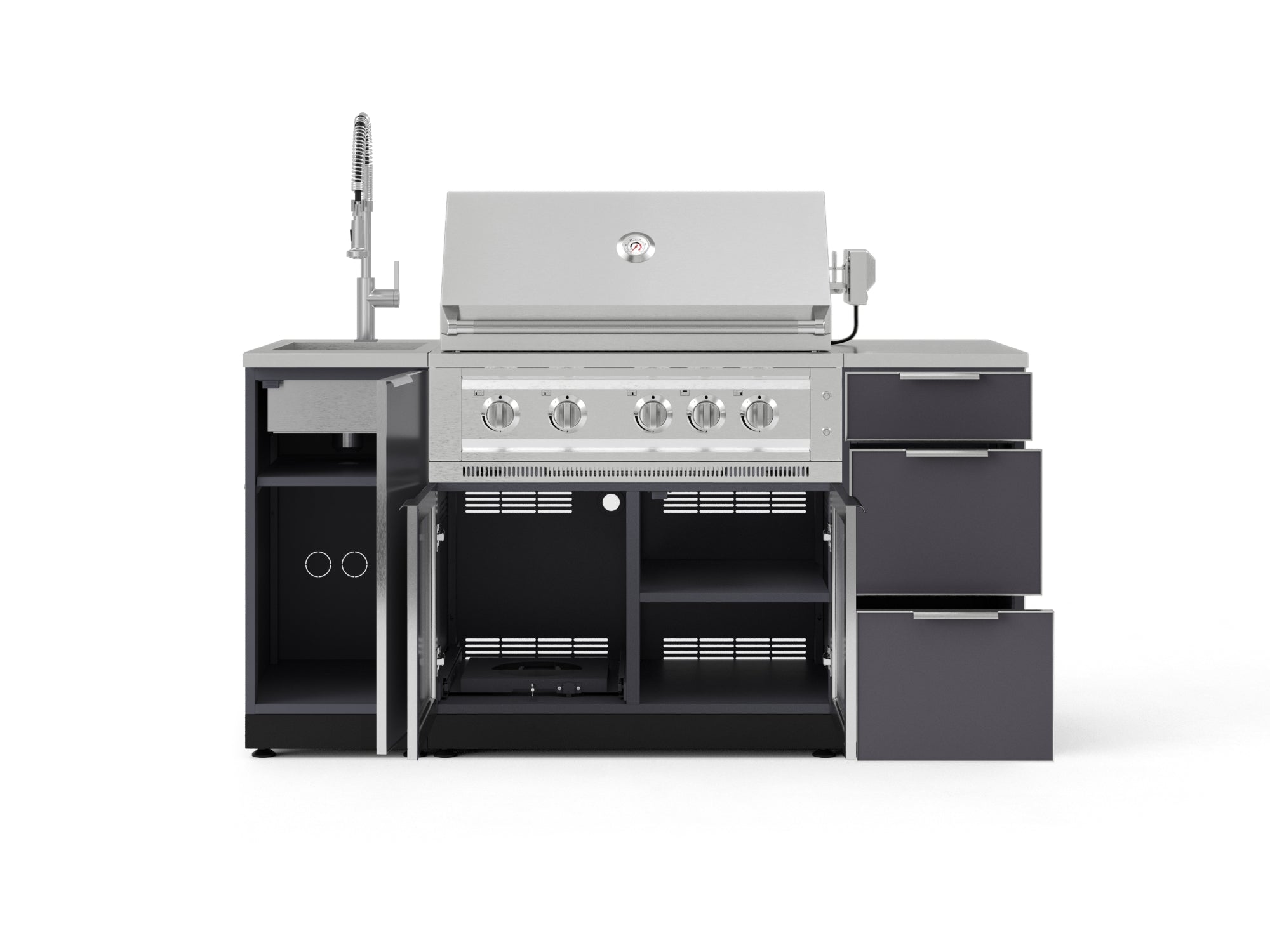 Outdoor Grill Island Aluminum 5 Piece Cabinet Set with Sink, 3 Drawer, Grill Cabinet, Platinum Grill and Countertop