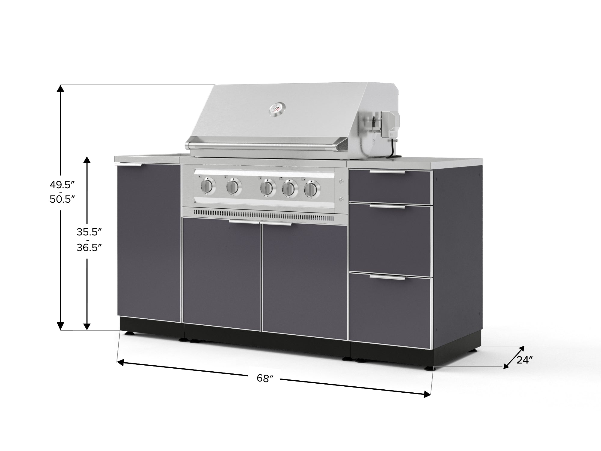 Outdoor Grill Island Aluminum 5 Piece Cabinet Set with Sink, 3 Drawer, Grill Cabinet, Platinum Grill and Countertop