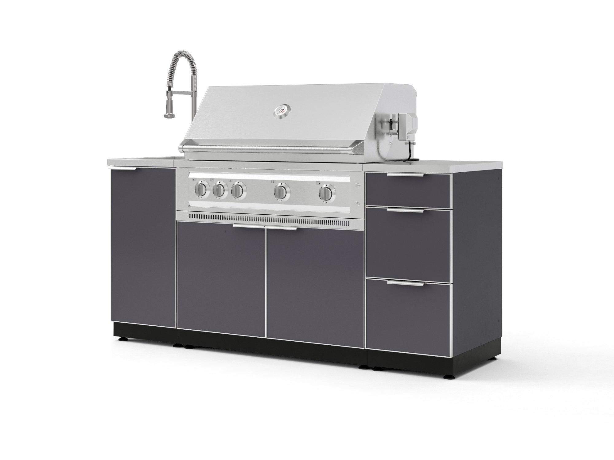 Outdoor Grill Island Aluminum 5 Piece Cabinet Set with Sink, 3 Drawer, Grill Cabinet, Platinum Grill and Countertop