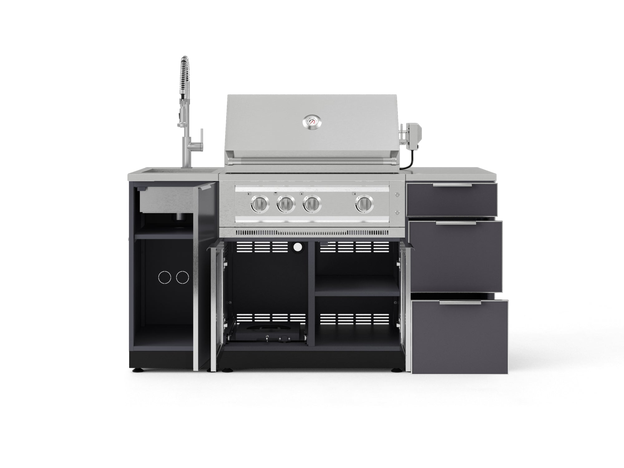 Outdoor Grill Island Aluminum 5 Piece Cabinet Set with Sink, 3 Drawer, Grill Cabinet, Platinum Grill and Countertop