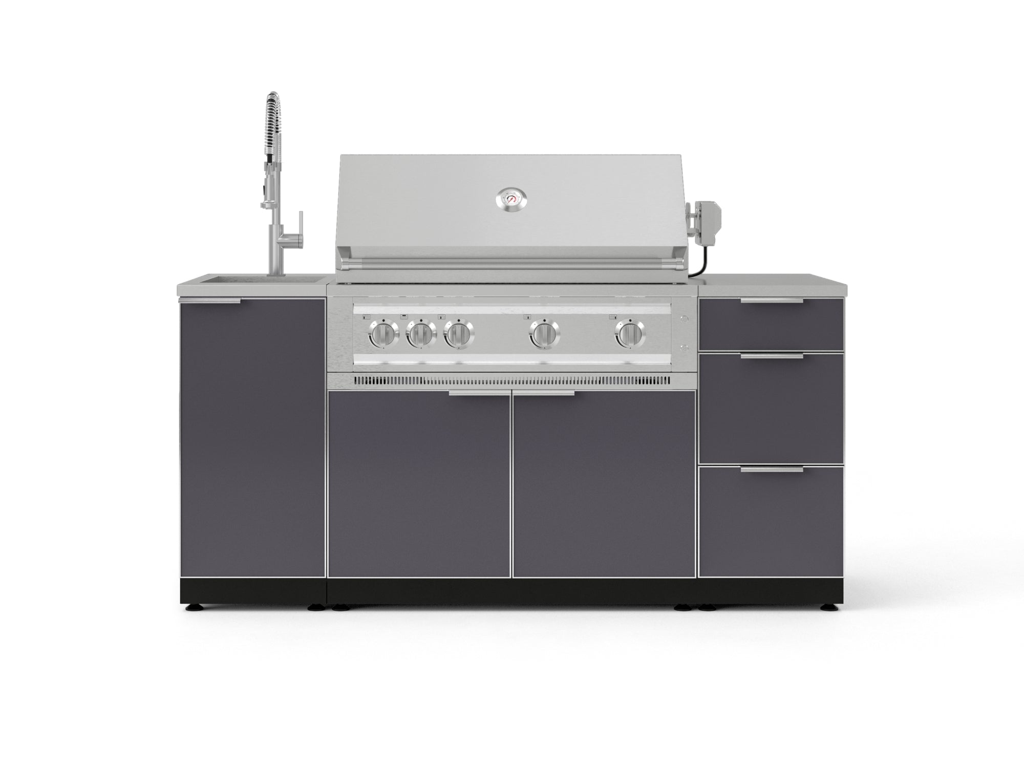 Outdoor Grill Island Aluminum 5 Piece Cabinet Set with Sink, 3 Drawer, Grill Cabinet, Platinum Grill and Countertop