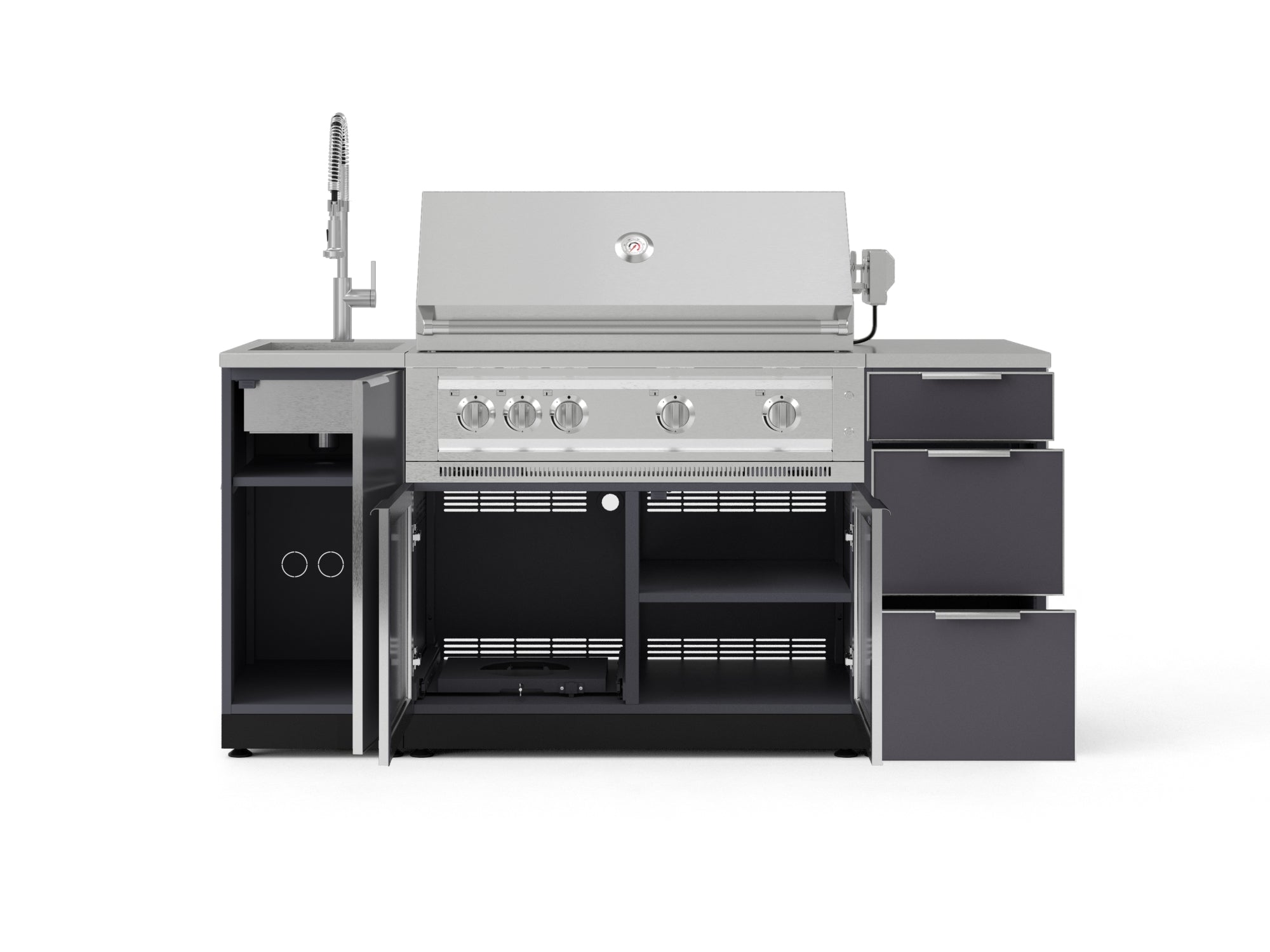 Outdoor Grill Island Aluminum 5 Piece Cabinet Set with Sink, 3 Drawer, Grill Cabinet, Platinum Grill and Countertop