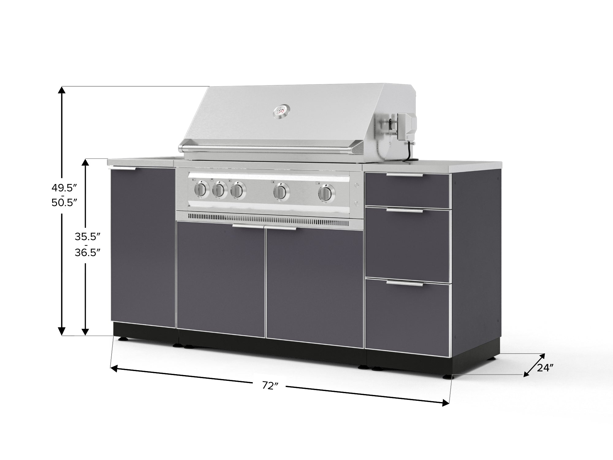 Outdoor Grill Island Aluminum 5 Piece Cabinet Set with Sink, 3 Drawer, Grill Cabinet, Platinum Grill and Countertop