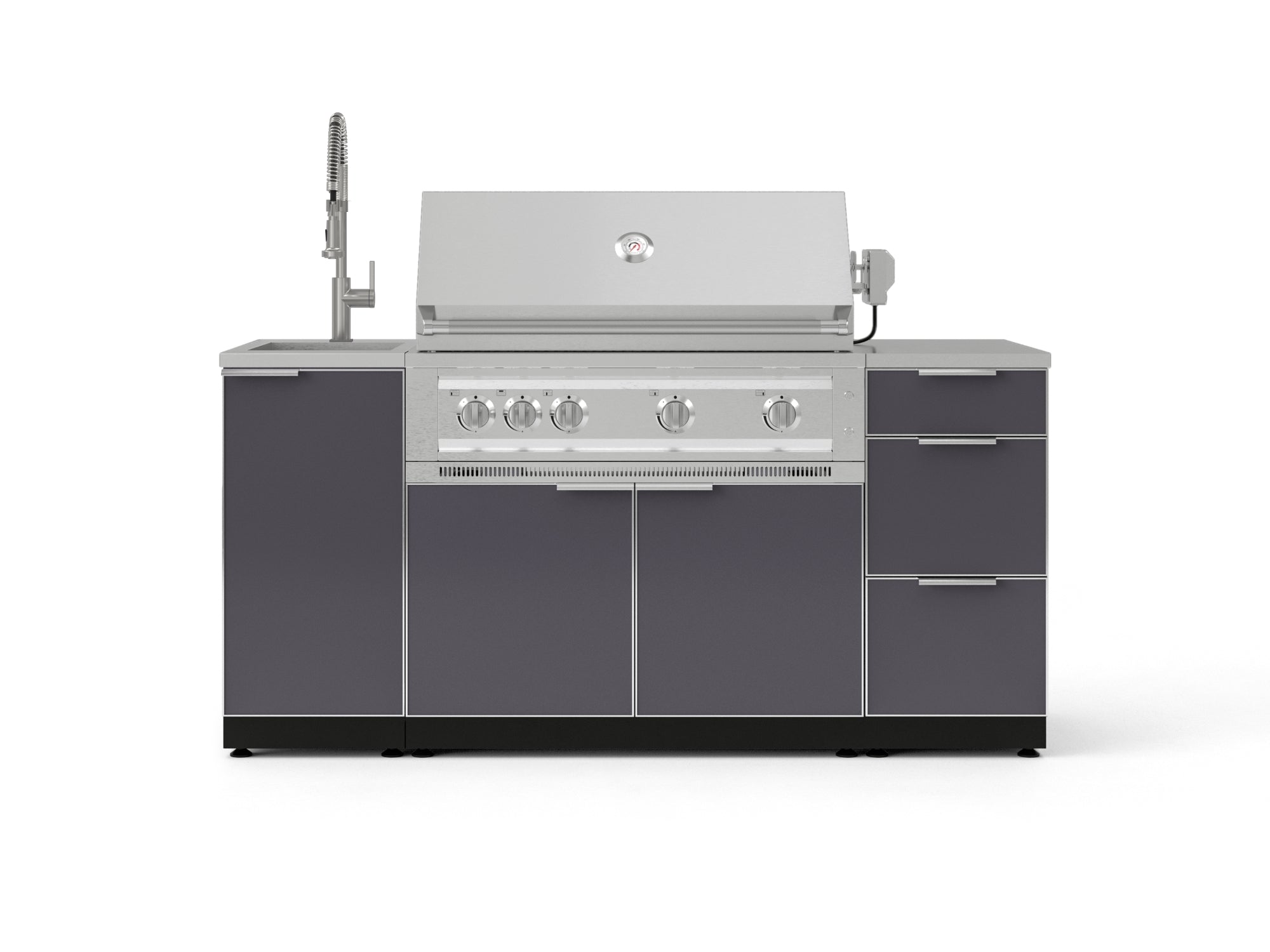 Outdoor Grill Island Aluminum 5 Piece Cabinet Set with Sink, 3 Drawer, Grill Cabinet, Platinum Grill and Countertop