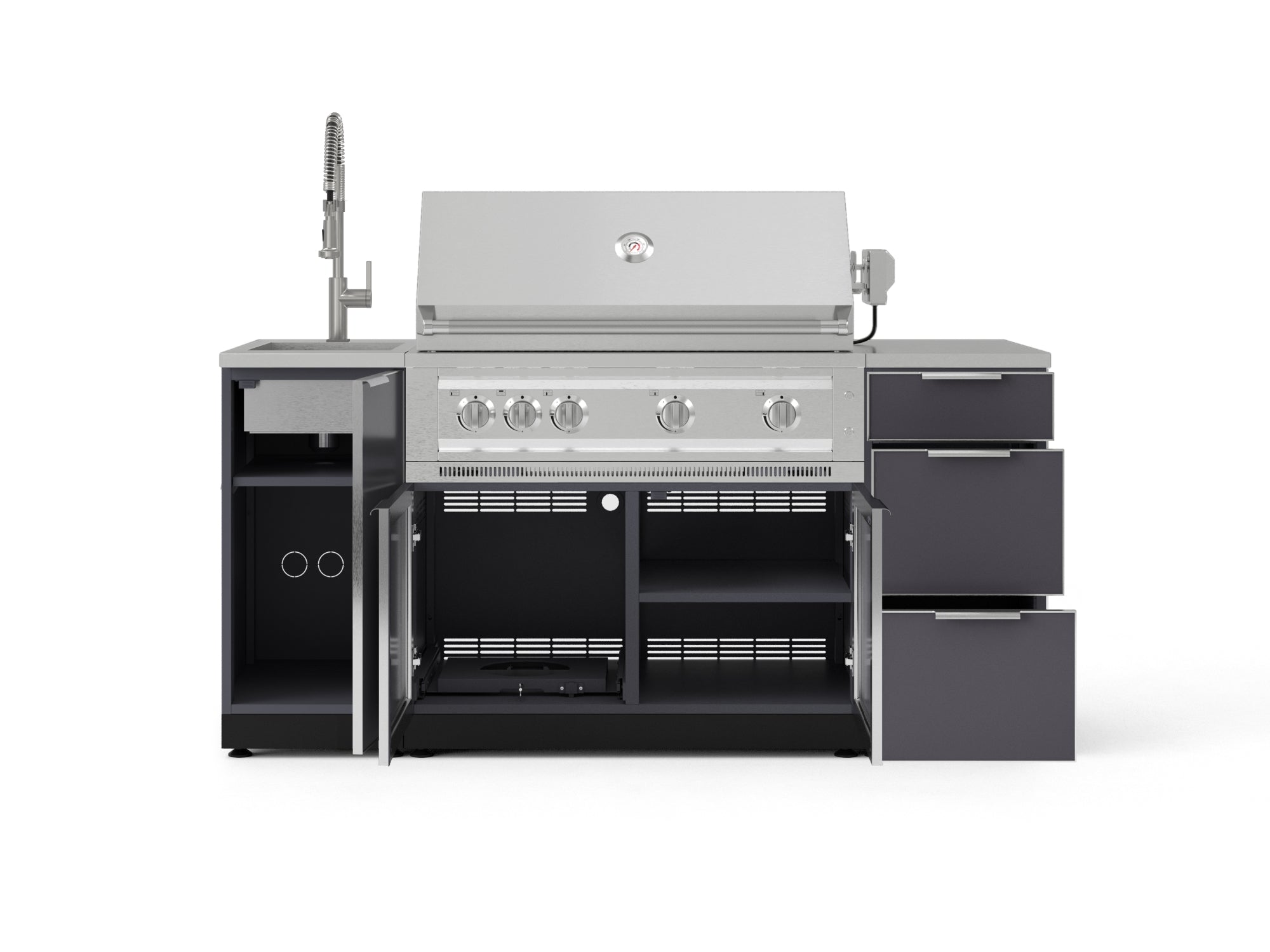 Outdoor Grill Island Aluminum 5 Piece Cabinet Set with Sink, 3 Drawer, Grill Cabinet, Platinum Grill and Countertop