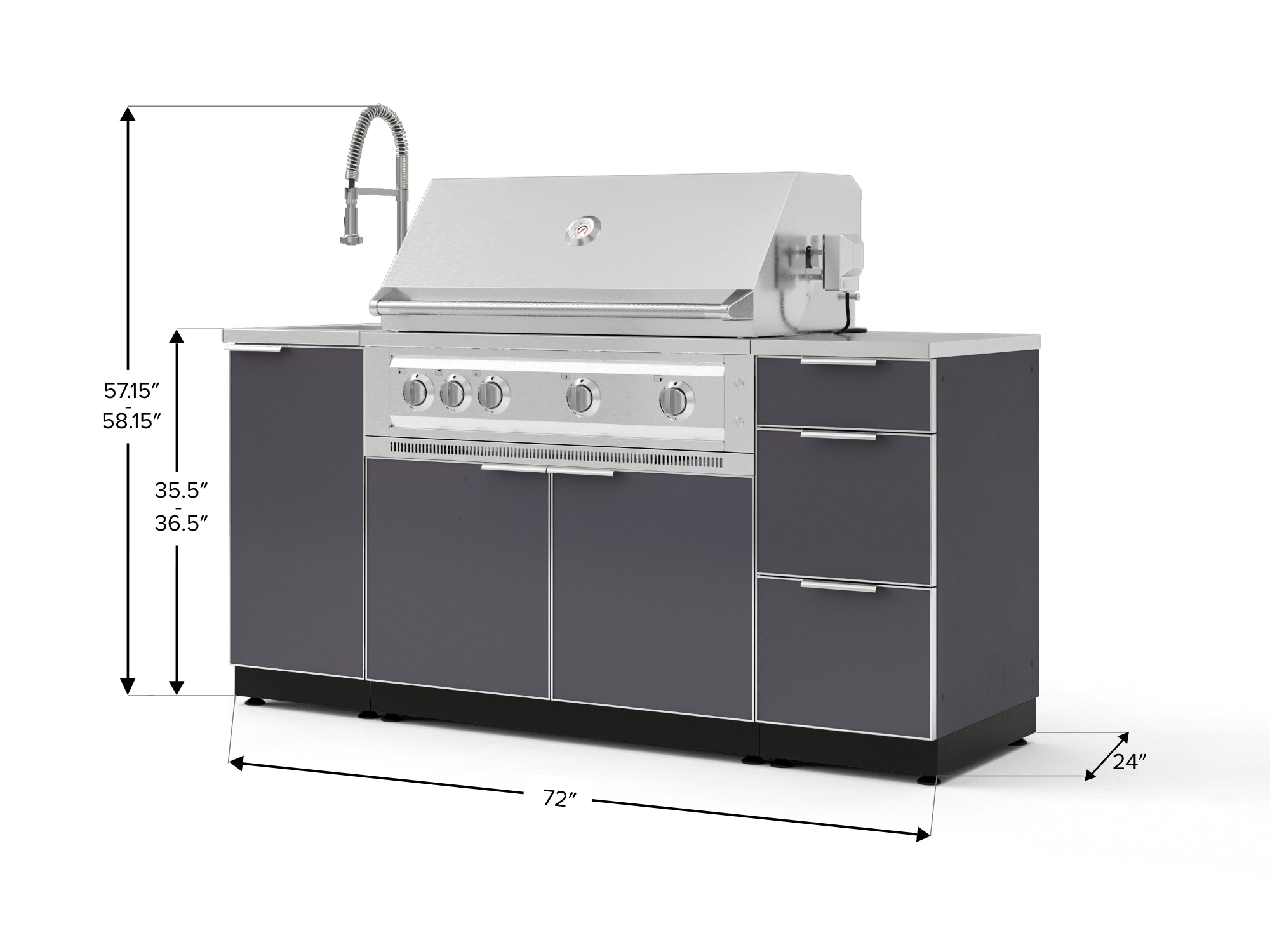 Outdoor Grill Island Aluminum 5 Piece Cabinet Set with Sink, 3 Drawer, Grill Cabinet, Platinum Grill and Countertop
