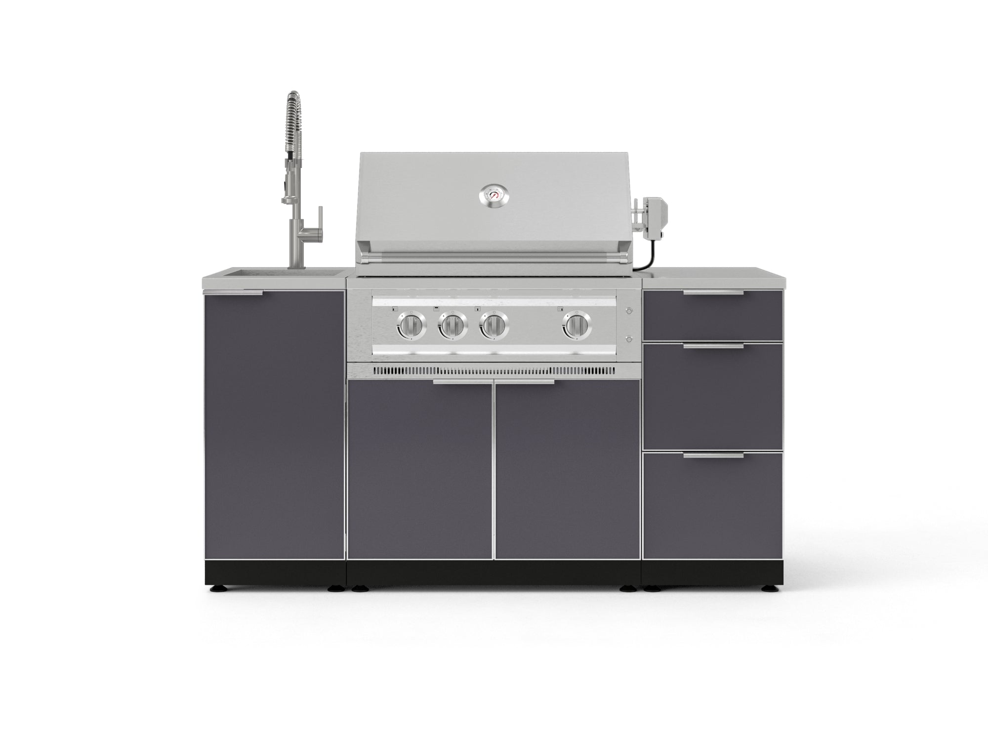 Outdoor Grill Island Aluminum 5 Piece Cabinet Set with Sink, 3 Drawer, Grill Cabinet, Platinum Grill and Countertop
