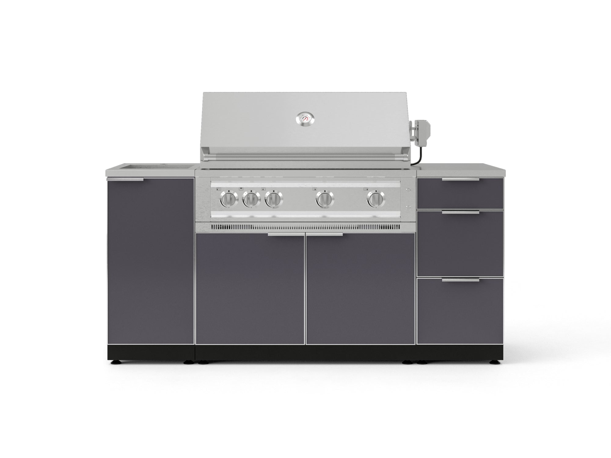 Outdoor Grill Island Aluminum 5 Piece Cabinet Set with Sink, 3 Drawer, Grill Cabinet, Platinum Grill and Countertop