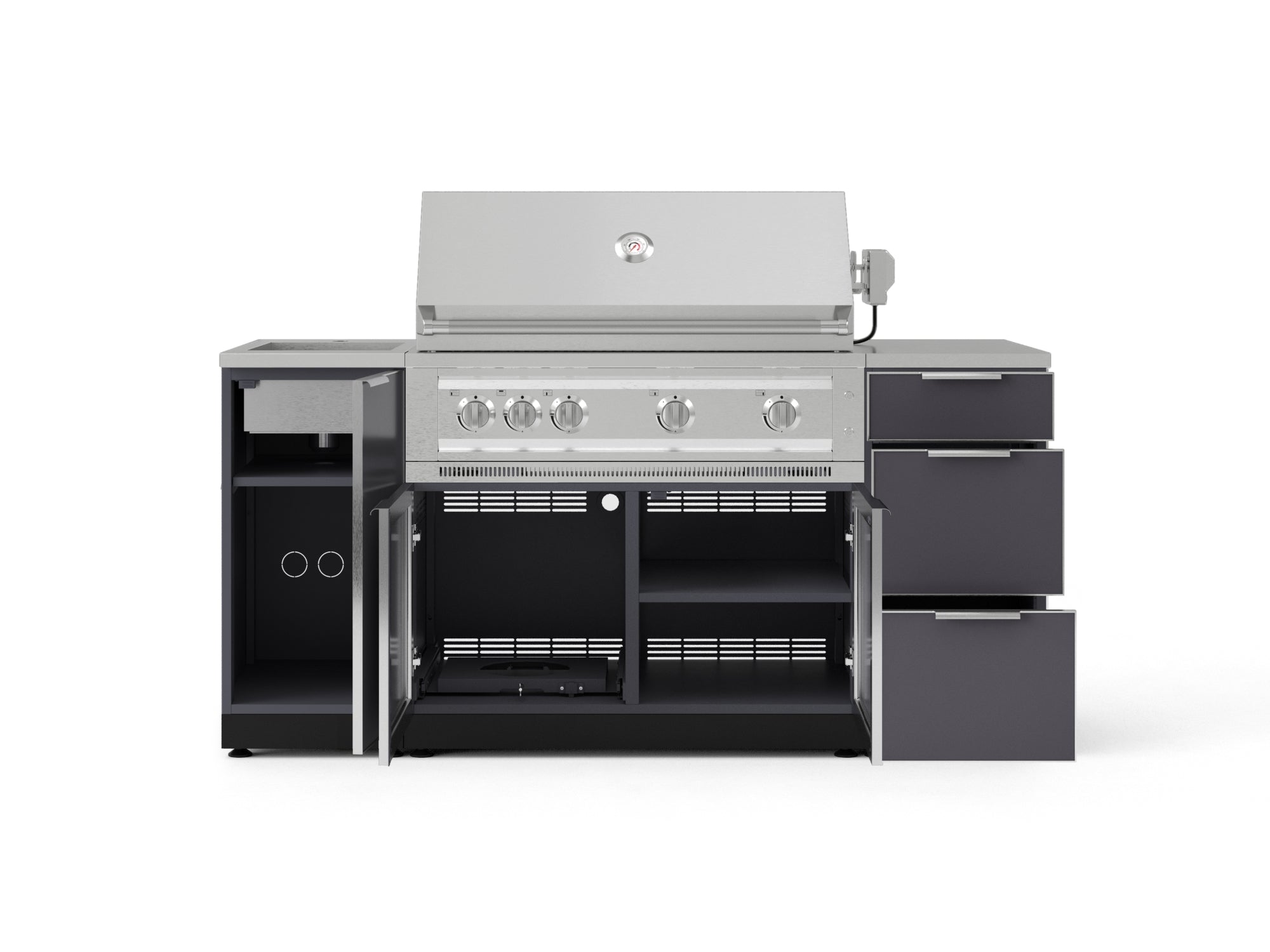 Outdoor Grill Island Aluminum 5 Piece Cabinet Set with Sink, 3 Drawer, Grill Cabinet, Platinum Grill and Countertop