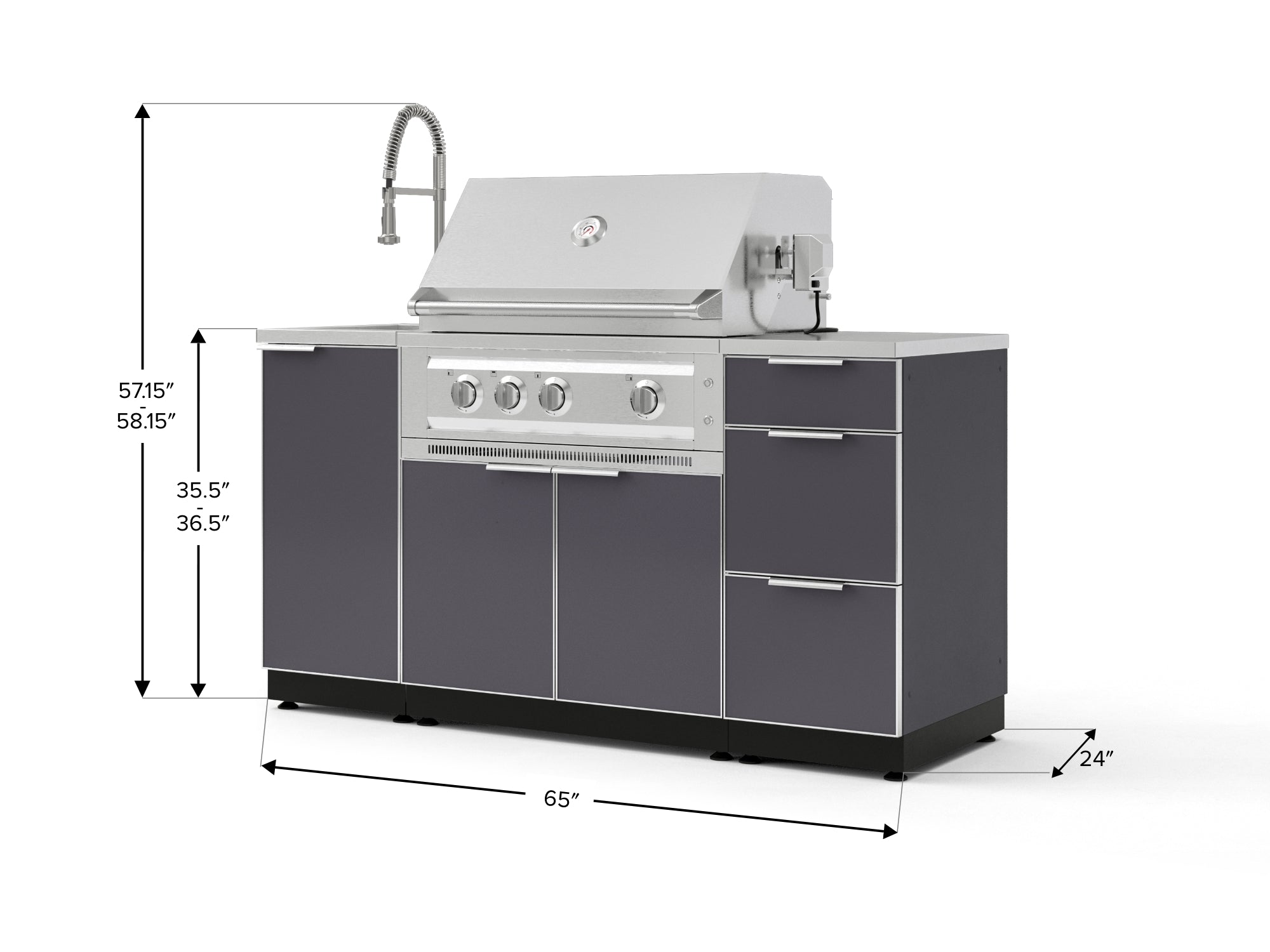 Outdoor Grill Island Aluminum 5 Piece Cabinet Set with Sink, 3 Drawer, Grill Cabinet, Platinum Grill and Countertop