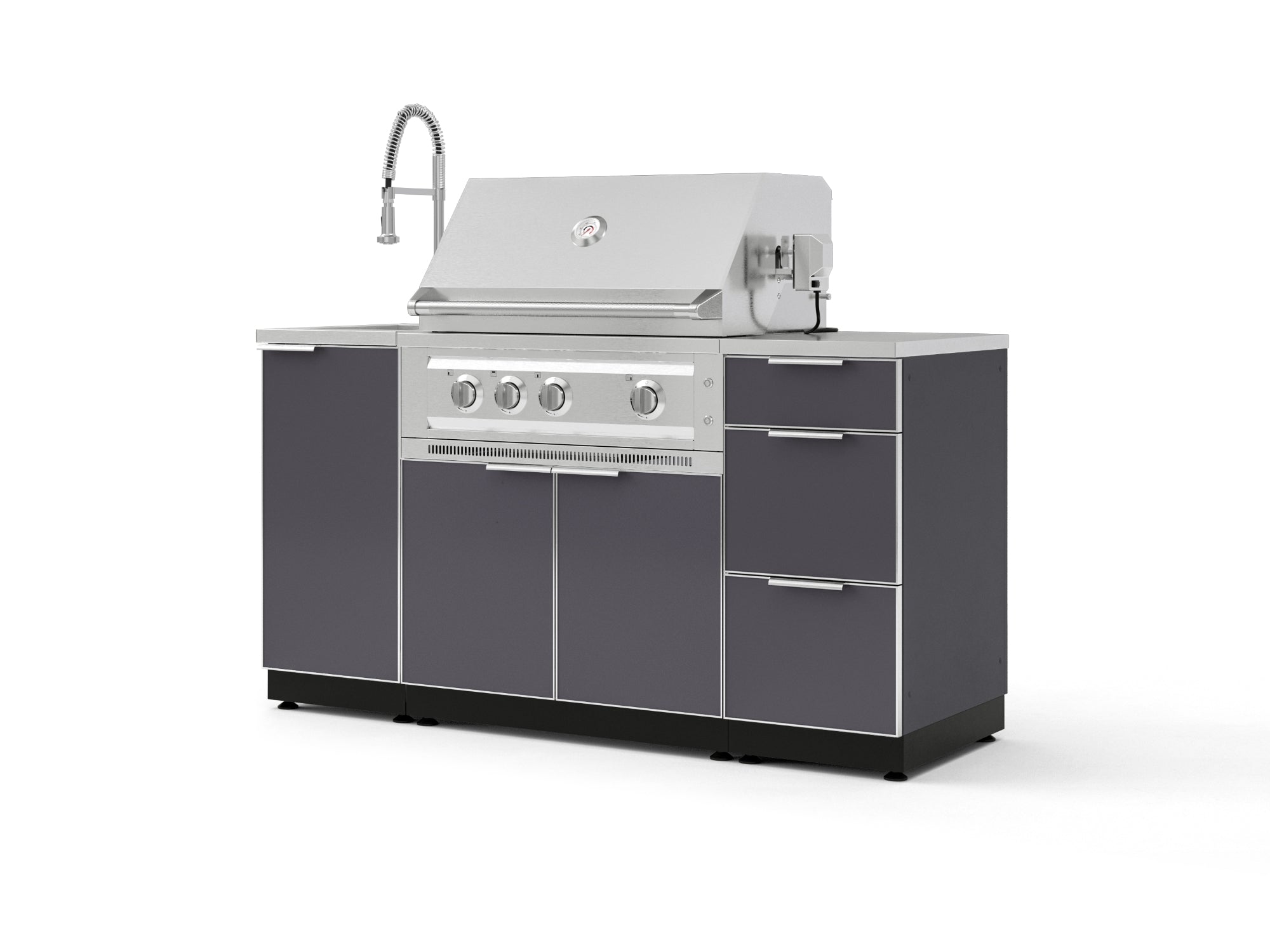 Outdoor Grill Island Aluminum 5 Piece Cabinet Set with Sink, 3 Drawer, Grill Cabinet, Platinum Grill and Countertop