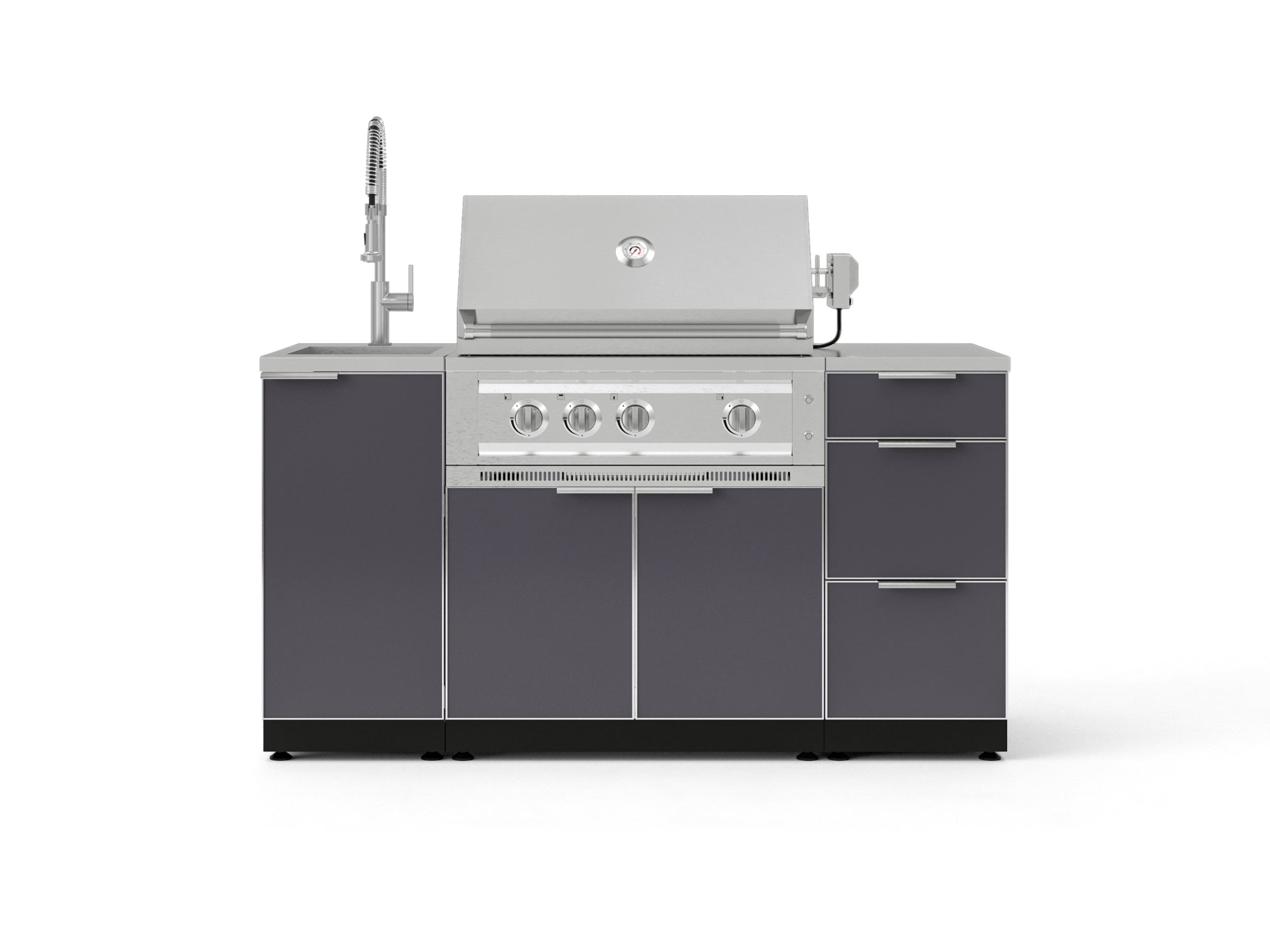 Outdoor Grill Island Aluminum 5 Piece Cabinet Set with Sink, 3 Drawer, Grill Cabinet, Platinum Grill and Countertop