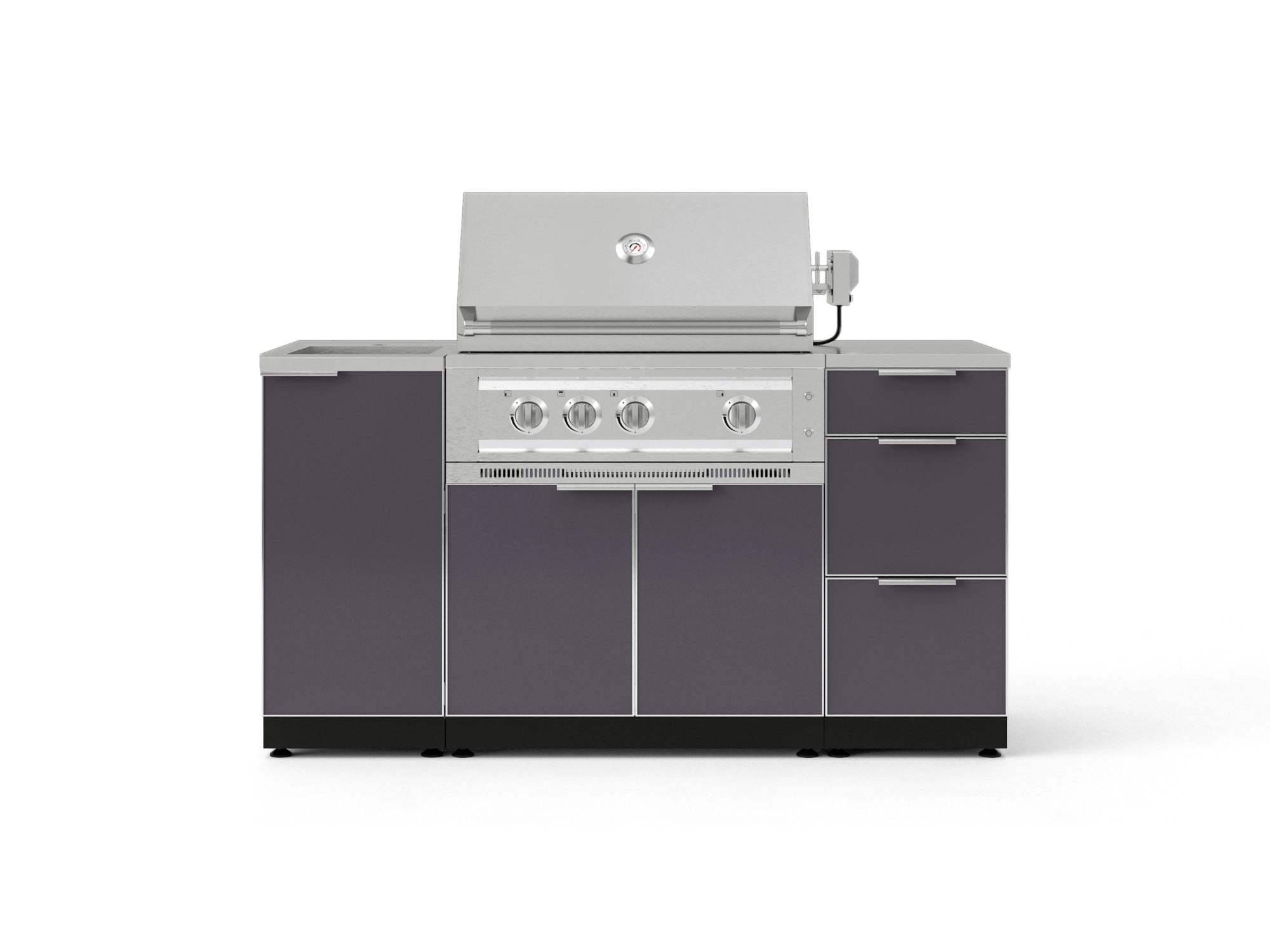 Outdoor Grill Island Aluminum 5 Piece Cabinet Set with Sink, 3 Drawer, Grill Cabinet, Platinum Grill and Countertop