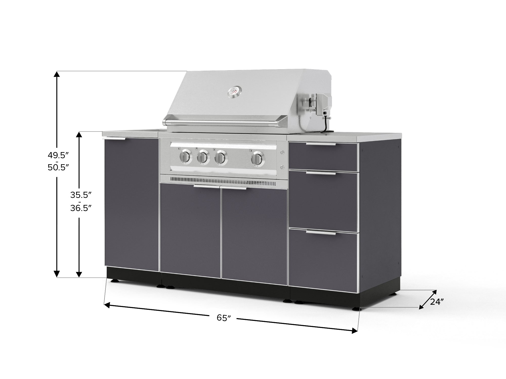 Outdoor Grill Island Aluminum 5 Piece Cabinet Set with Sink, 3 Drawer, Grill Cabinet, Platinum Grill and Countertop