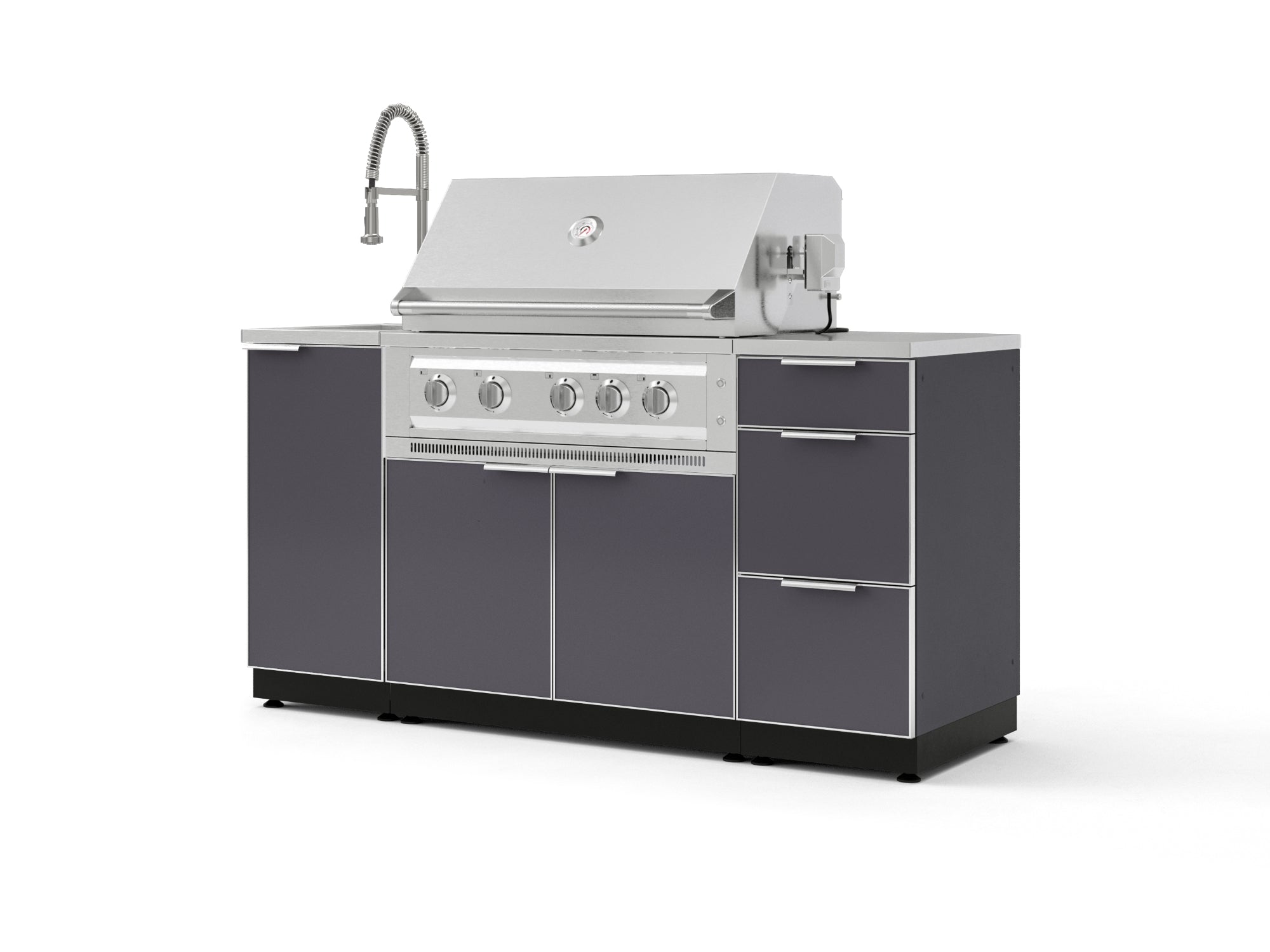 Outdoor Grill Island Aluminum 5 Piece Cabinet Set with Sink, 3 Drawer, Grill Cabinet, Platinum Grill and Countertop