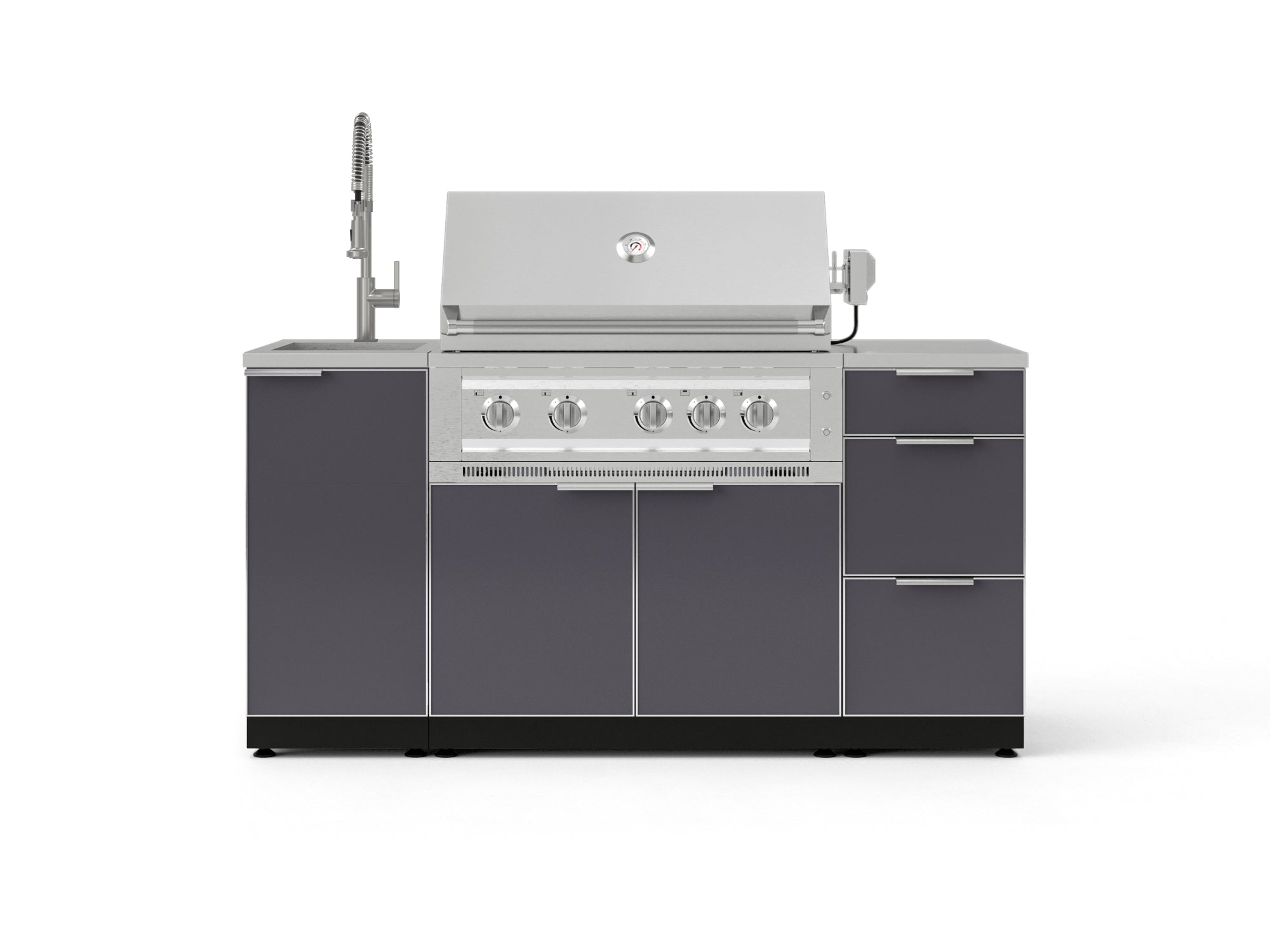 Outdoor Grill Island Aluminum 5 Piece Cabinet Set with Sink, 3 Drawer, Grill Cabinet, Platinum Grill and Countertop