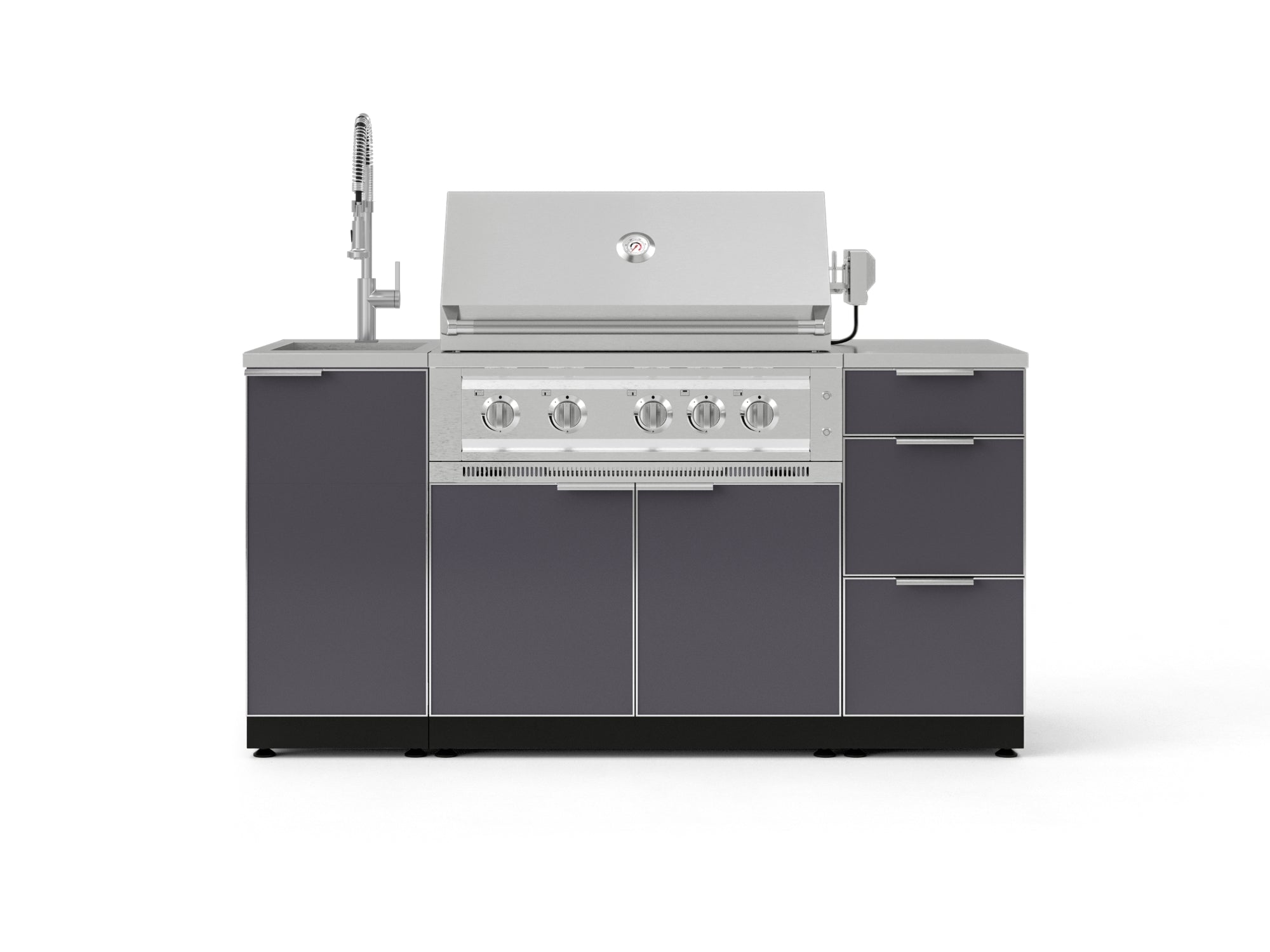 Outdoor Grill Island Aluminum 5 Piece Cabinet Set with Sink, 3 Drawer, Grill Cabinet, Platinum Grill and Countertop