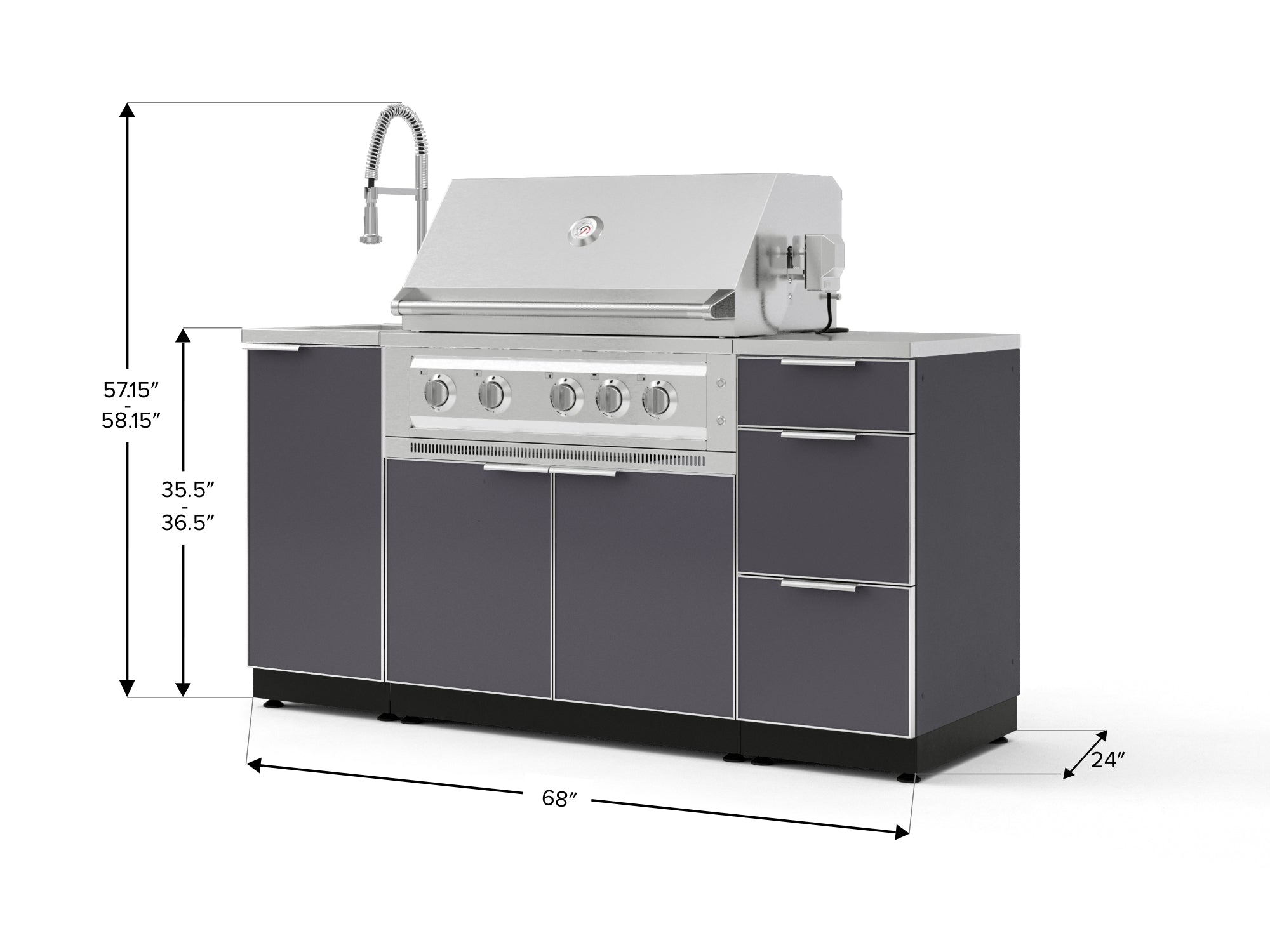 Outdoor Grill Island Aluminum 5 Piece Cabinet Set with Sink, 3 Drawer, Grill Cabinet, Platinum Grill and Countertop